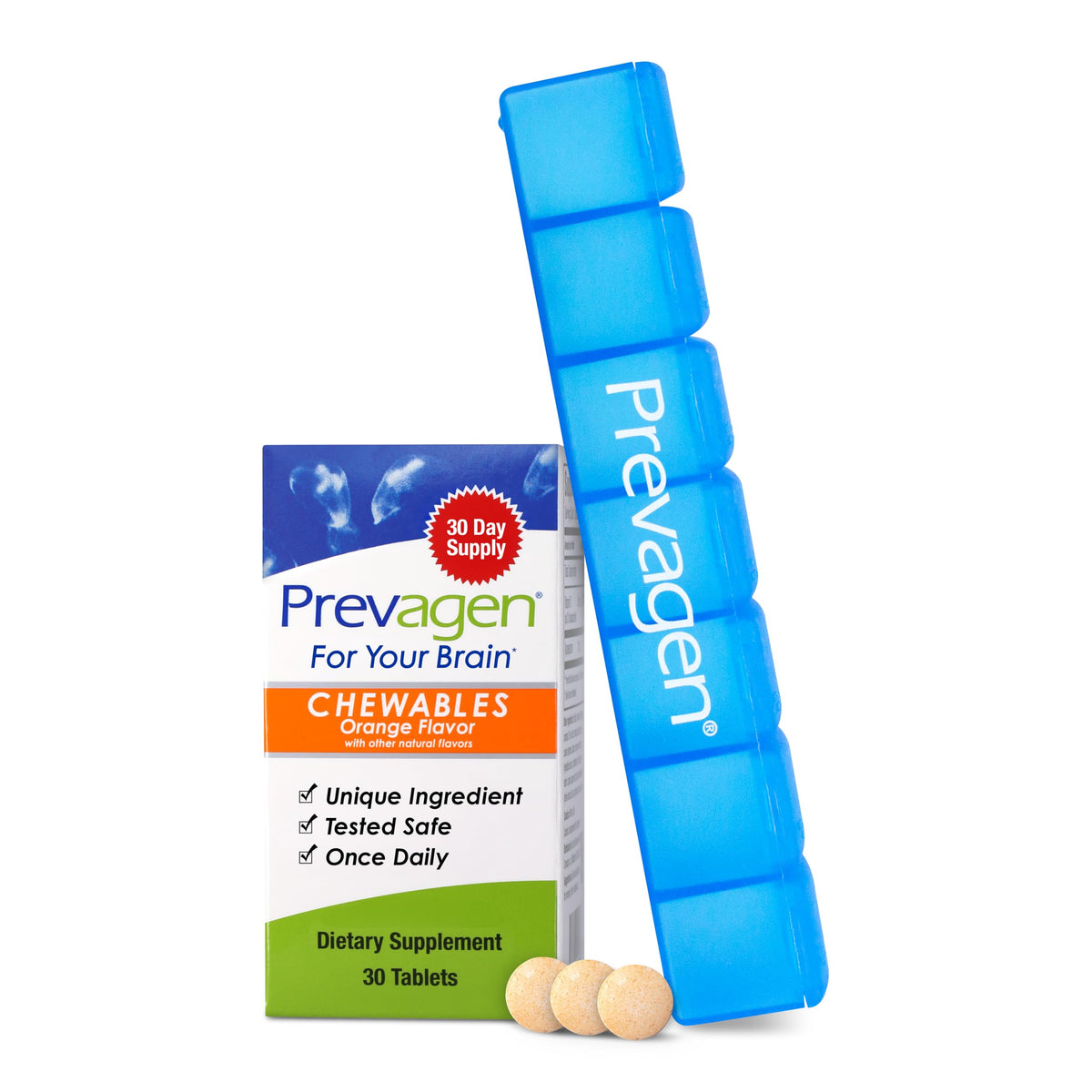 Prevagen envase frontal masticables sabor naranja mostrando diseño y conveniencia