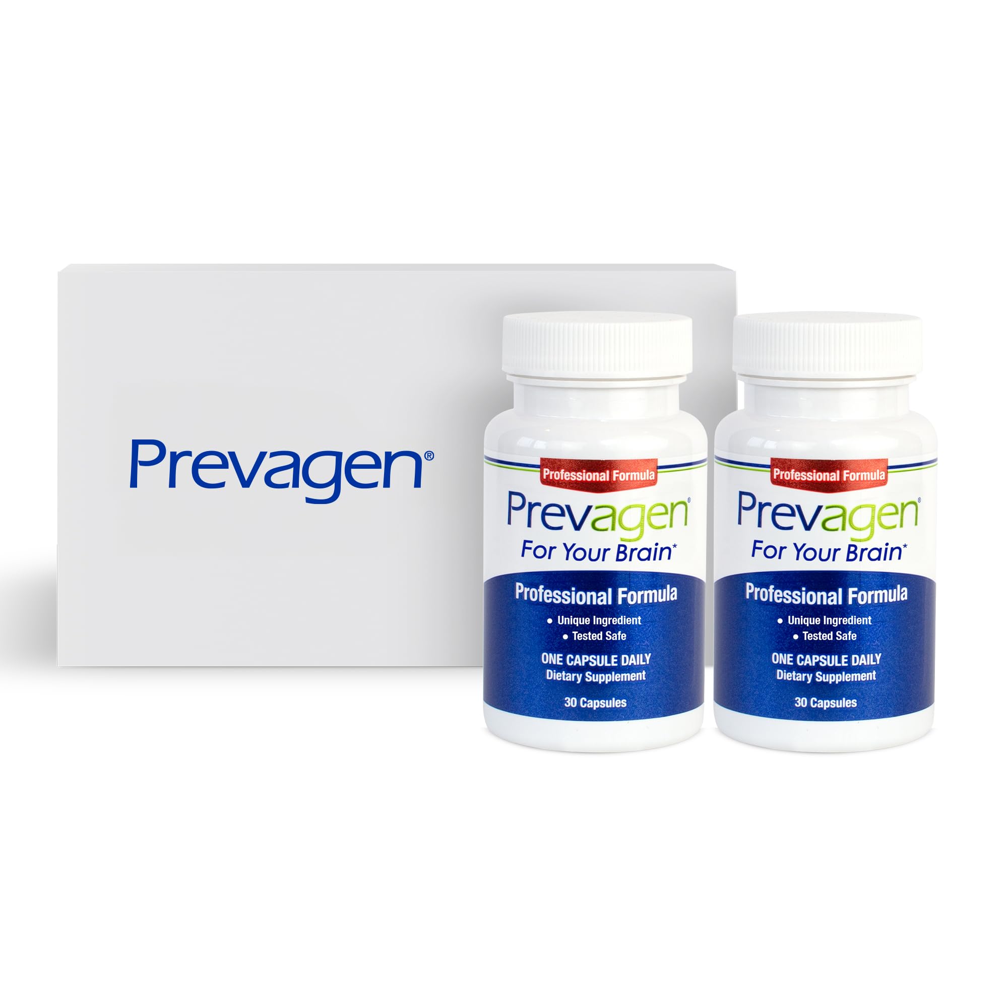 Prevagen frontal del producto mostrando el diseño y cantidad del pack