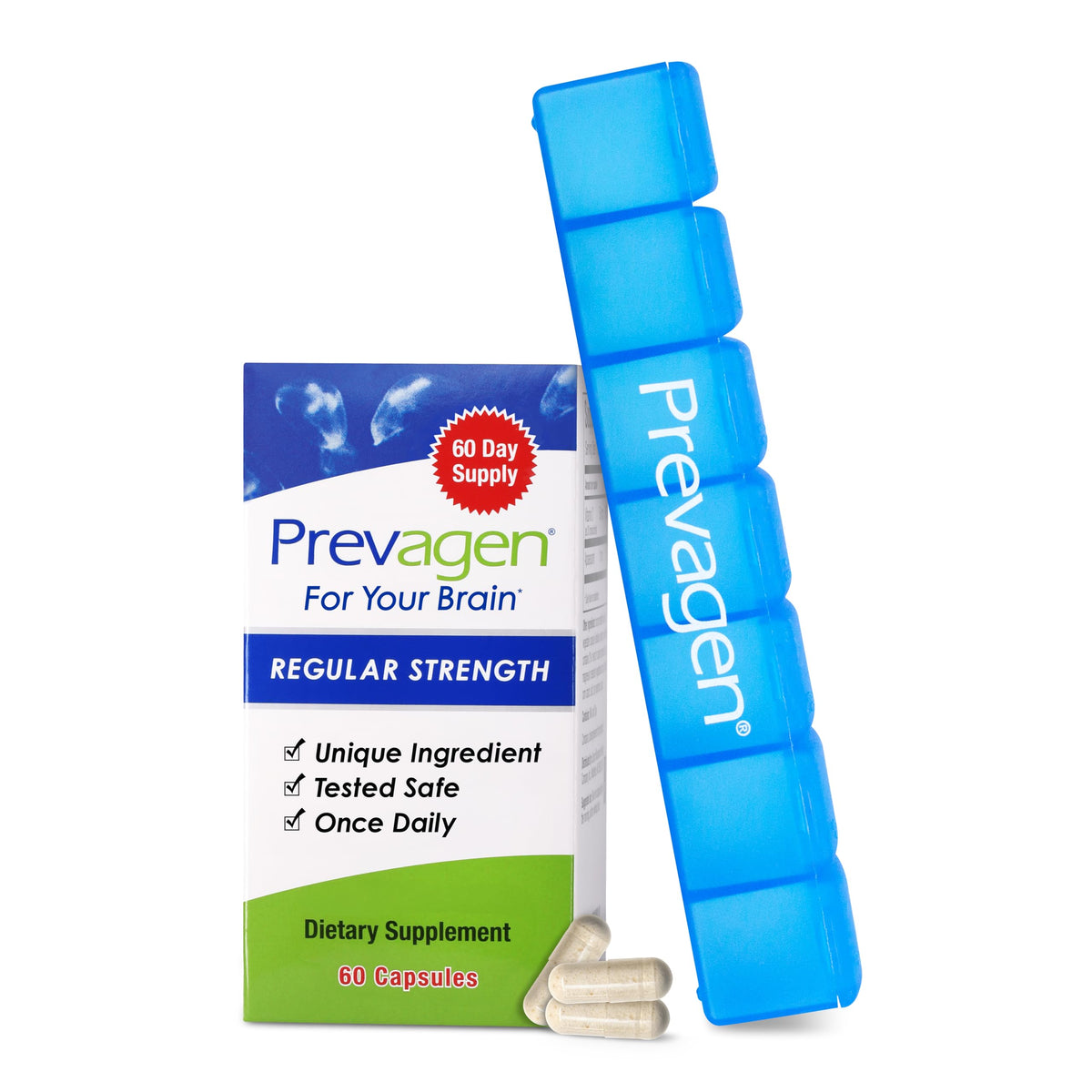 Prevagen frasco frontal mostrando diseño y cantidad de cápsulas beneficio organización