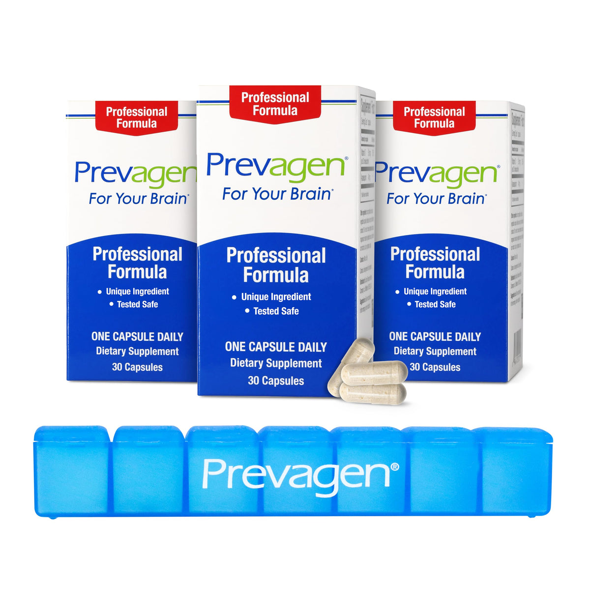 Prevagen frontal pack de 3 mostrando envases y beneficio de suministro mensual