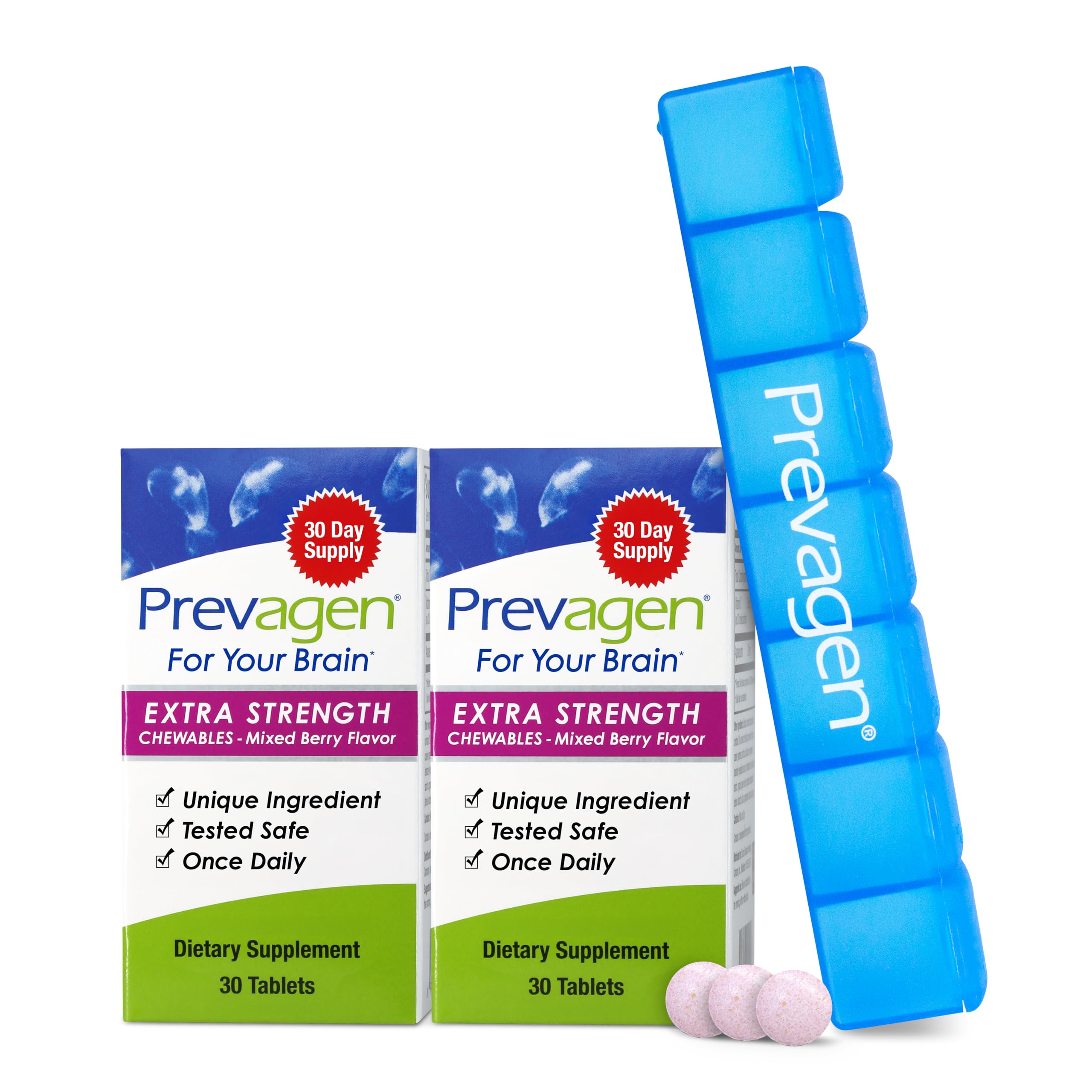 Prevagen frontal del envase mixed berry mostrando marca y formato compacto