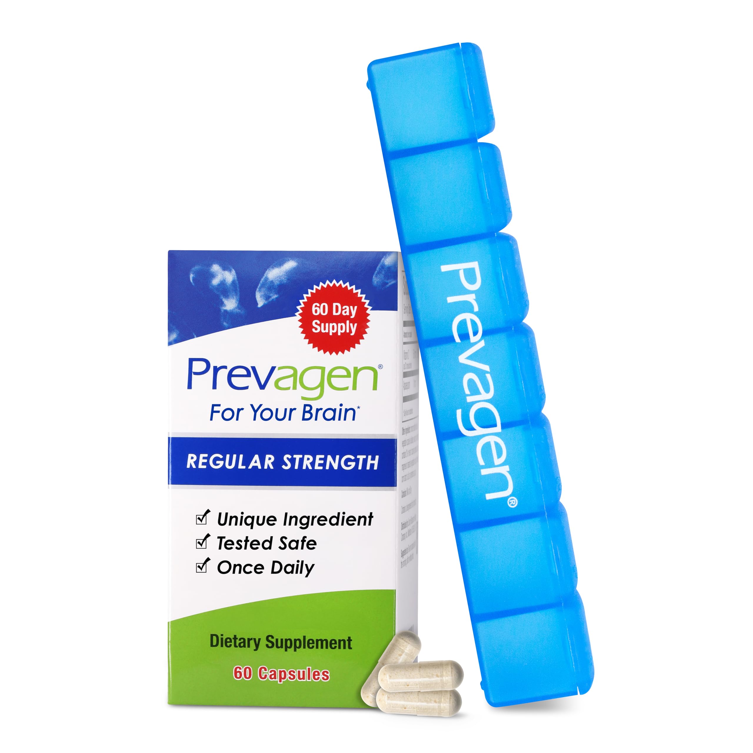 Prevagen envase frontal mostrando 60 cápsulas y organizador, claridad y confianza