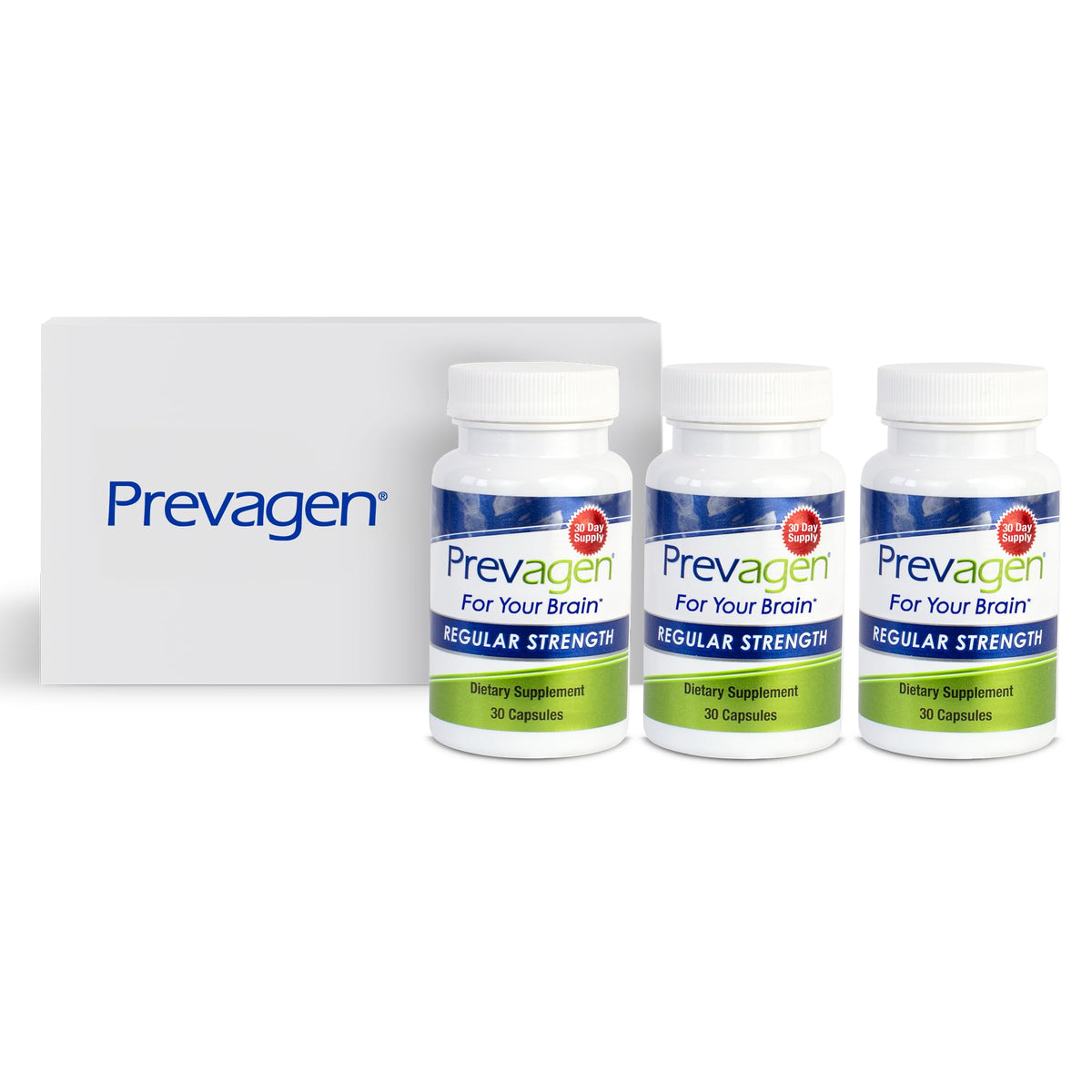 Prevagen vista frontal del pack que muestra frascos y estuche, fácil almacenamiento