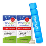 Prevagen frontal del pack mostrando dos frascos y beneficios de conveniencia
