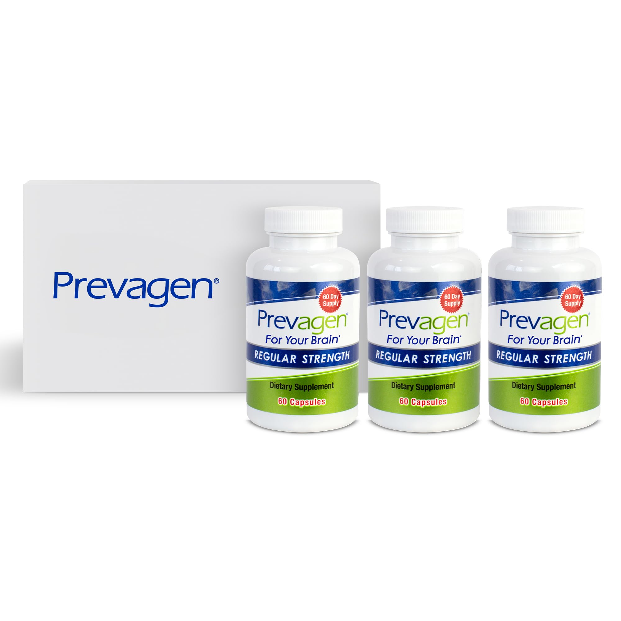 Prevagen vista frontal del paquete mostrando el diseño y beneficio de almacenamiento
