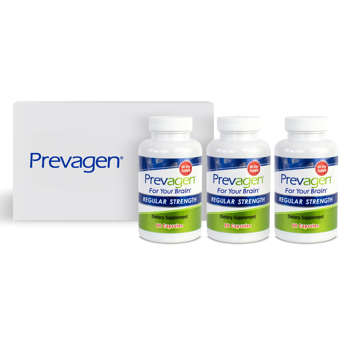 Prevagen vista frontal del paquete mostrando el diseño y beneficio de almacenamiento