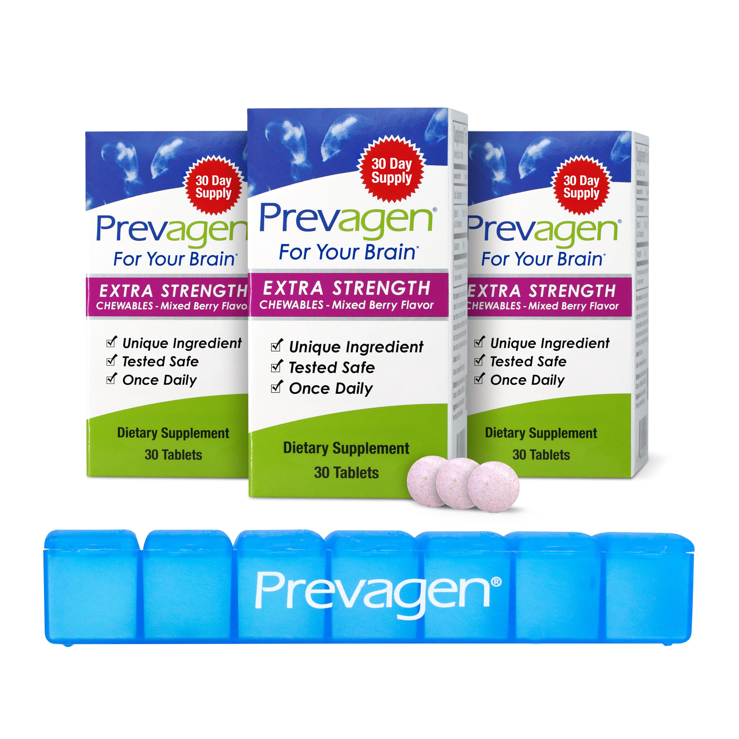 Prevagen empaque frontal mostrando sabor frutos del bosque y conveniencia