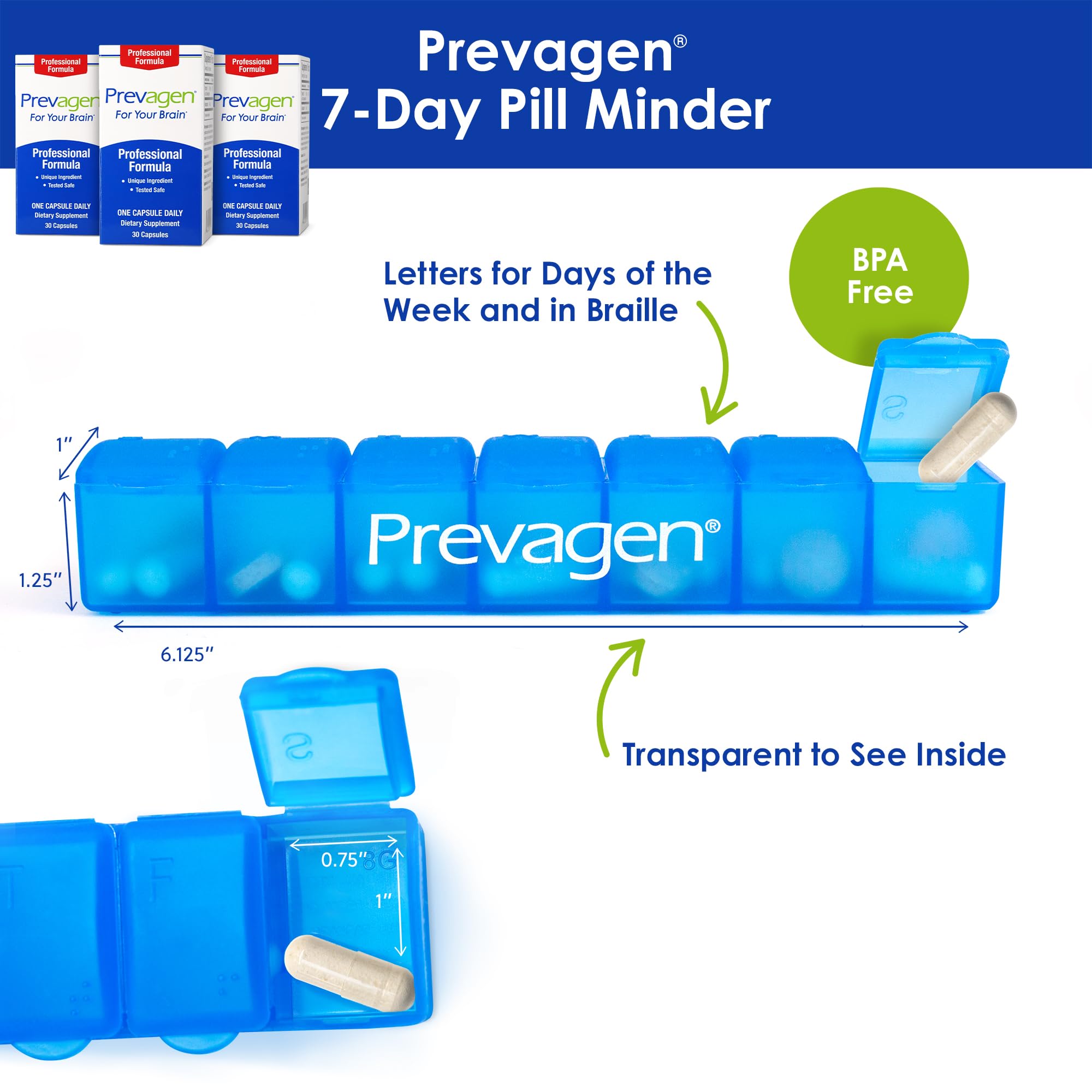 Prevagen organizador semanal de 7 días BPA free con braille para mejor adherencia