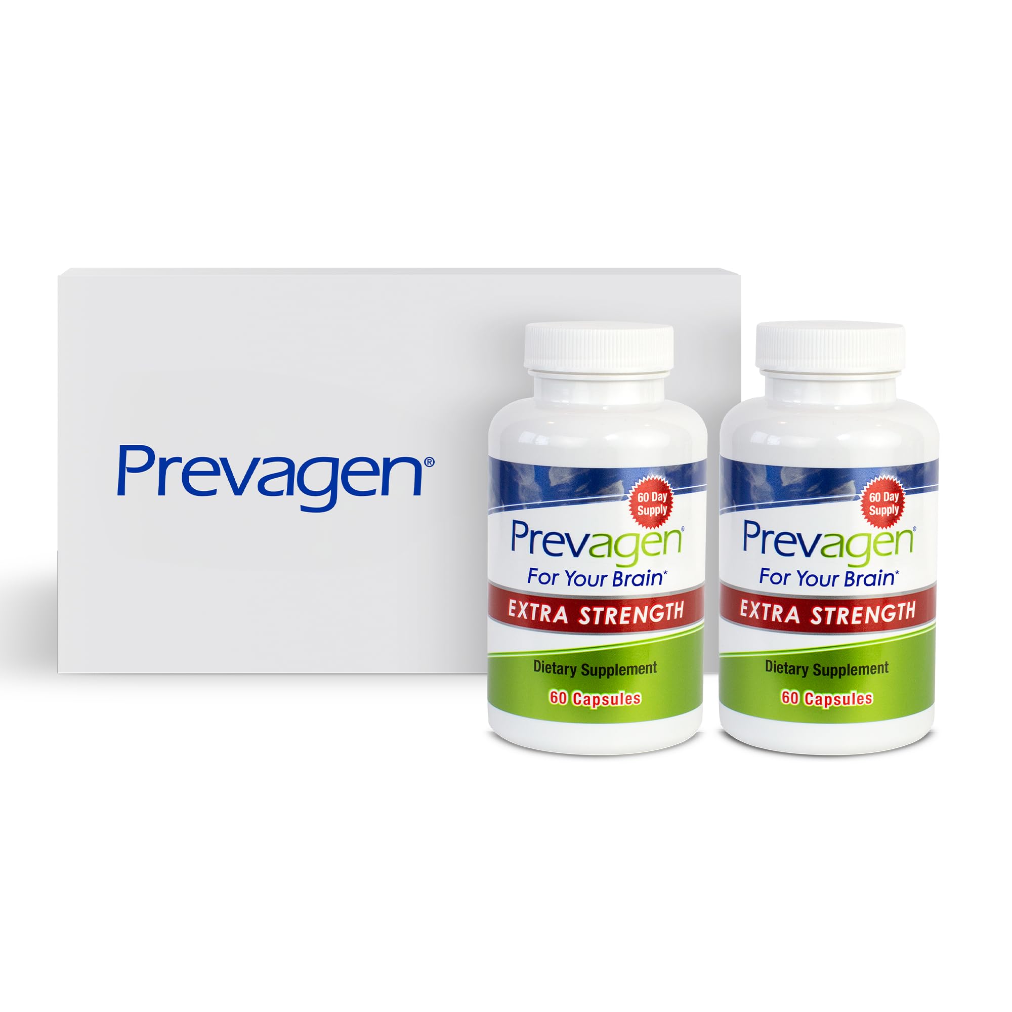 Prevagen pack frontal mostrando frascos y caja, identificación clara del producto