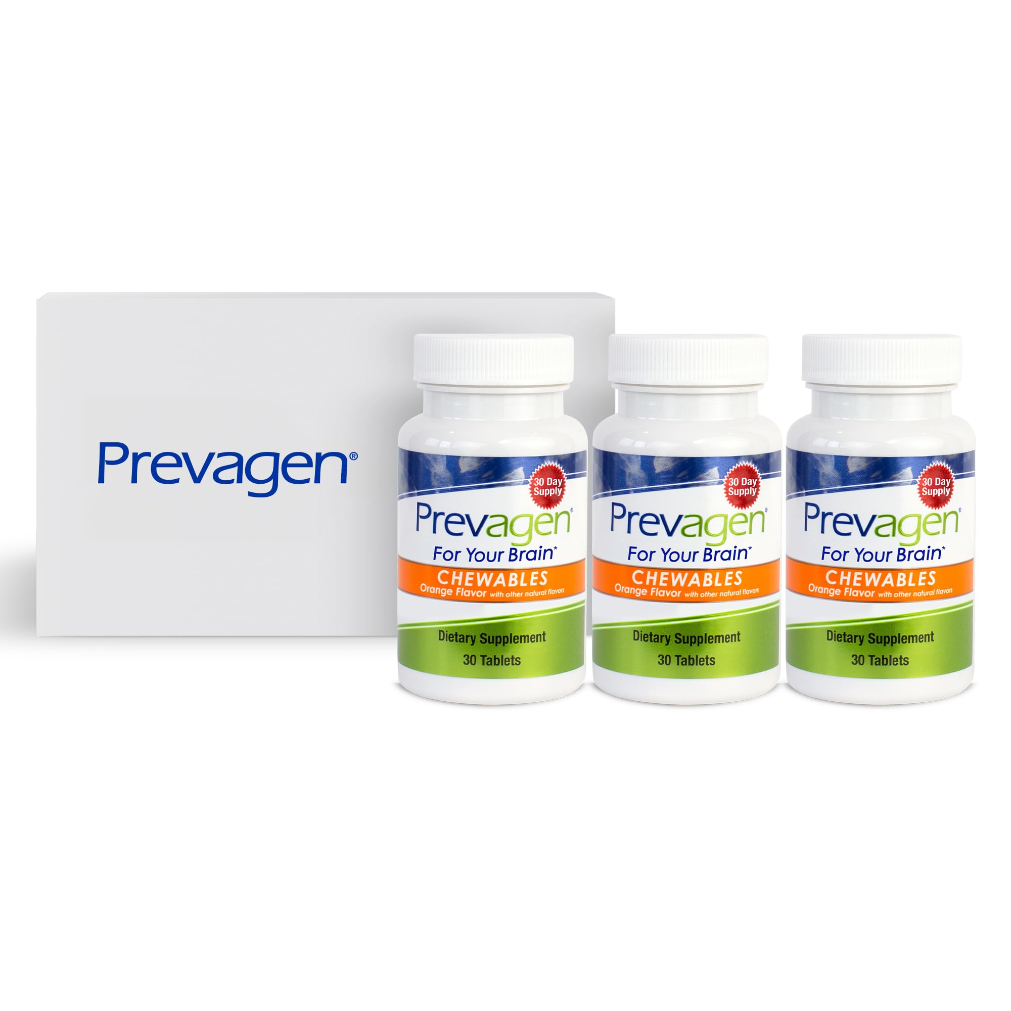 Prevagen vista frontal del pack de tres con estuche, facilita almacenamiento
