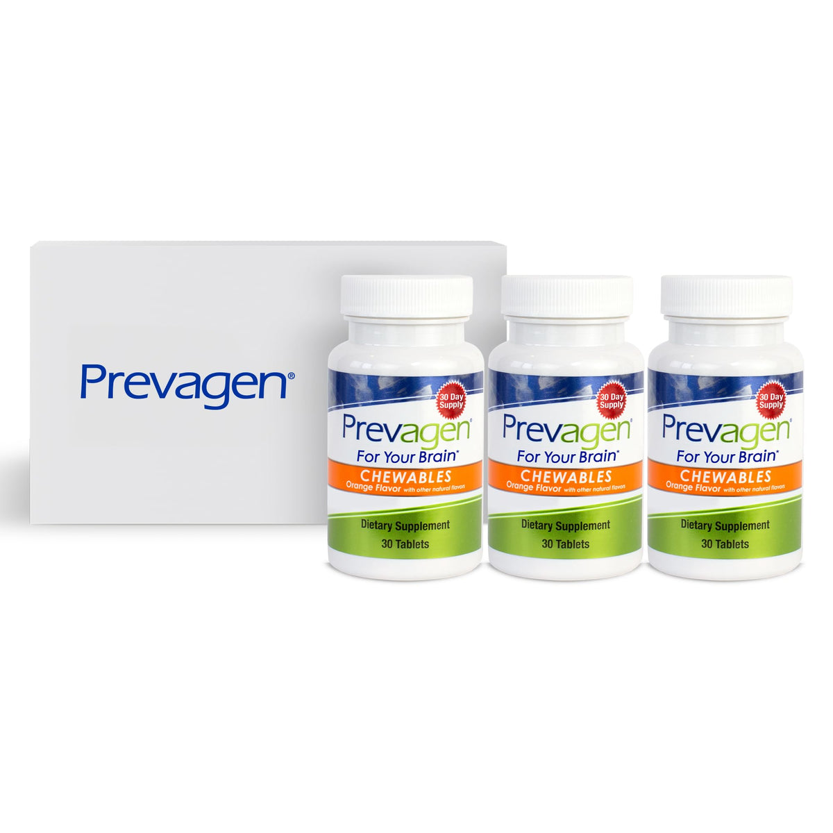 Prevagen vista frontal del pack de tres con estuche, facilita almacenamiento
