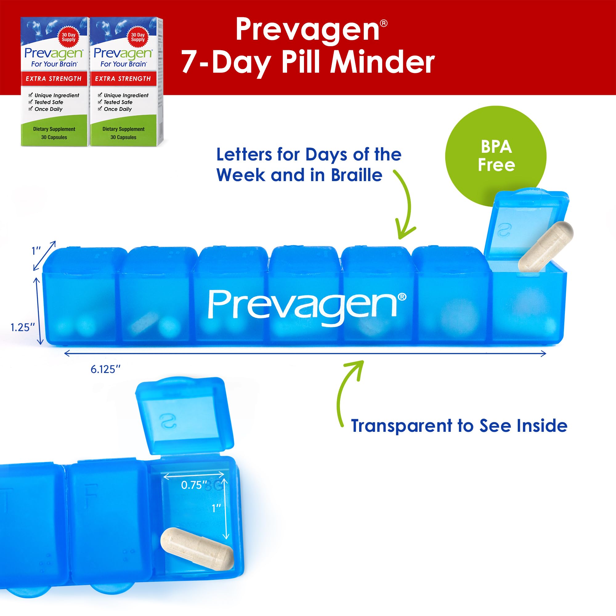 Prevagen pastillero de 7 días con braille y organización segura