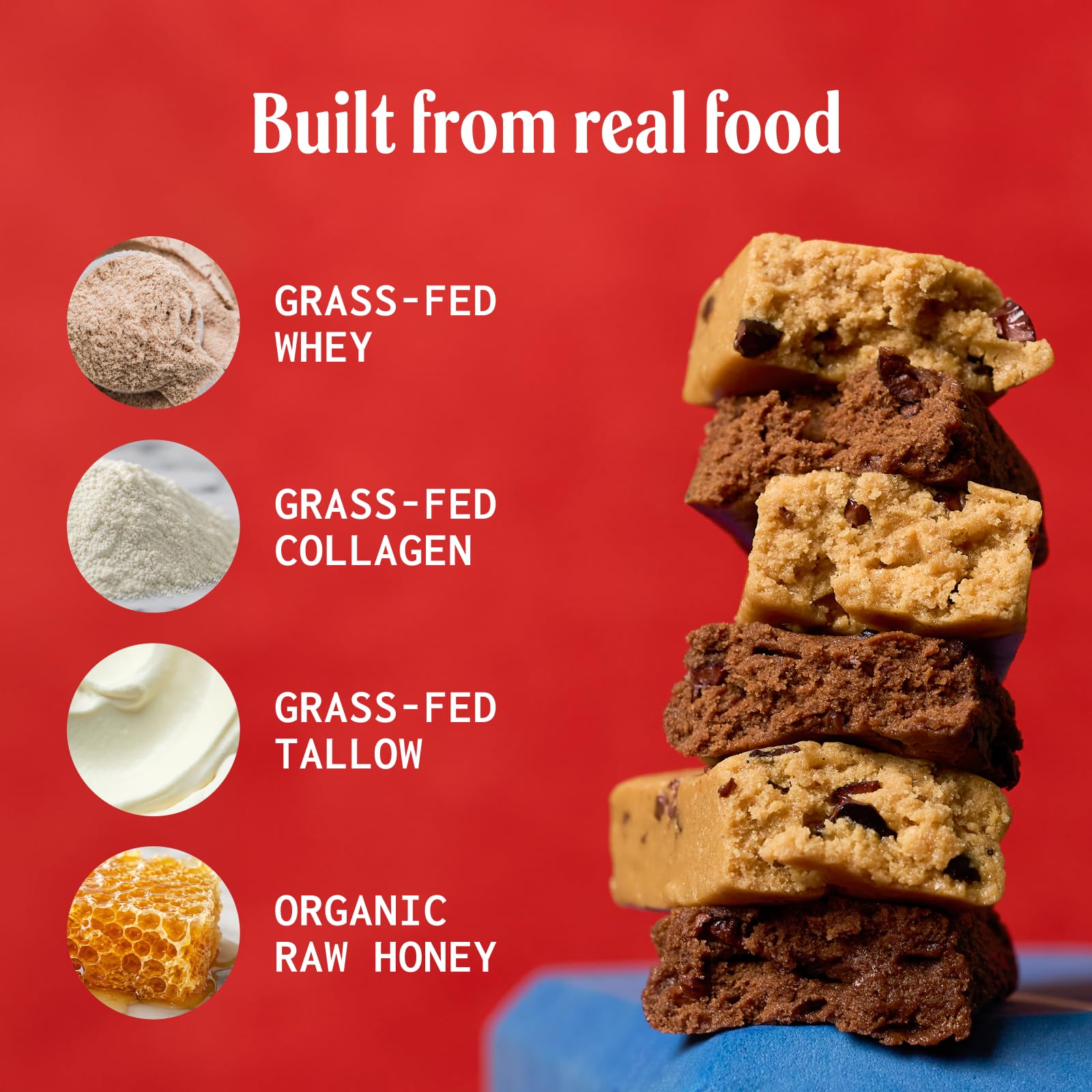 PRIMA Ancestral Protein Bar Cookie Dough porción que ilustra tamaño y densidad