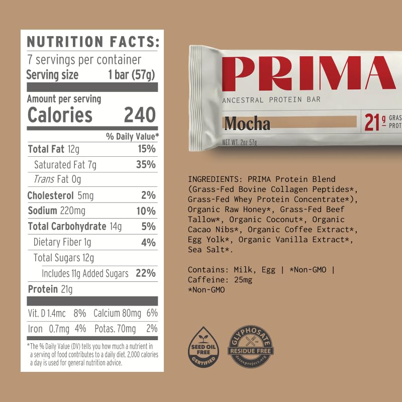 Prima Ancestral Protein Bar con ingredientes crudos: miel, cacao y grasa de res