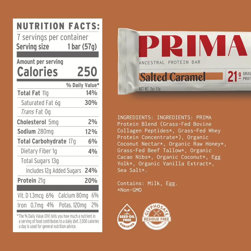 Prima Ancestral Protein Bar ingredientes clave: sebo grass fed, miel cruda y cacao
