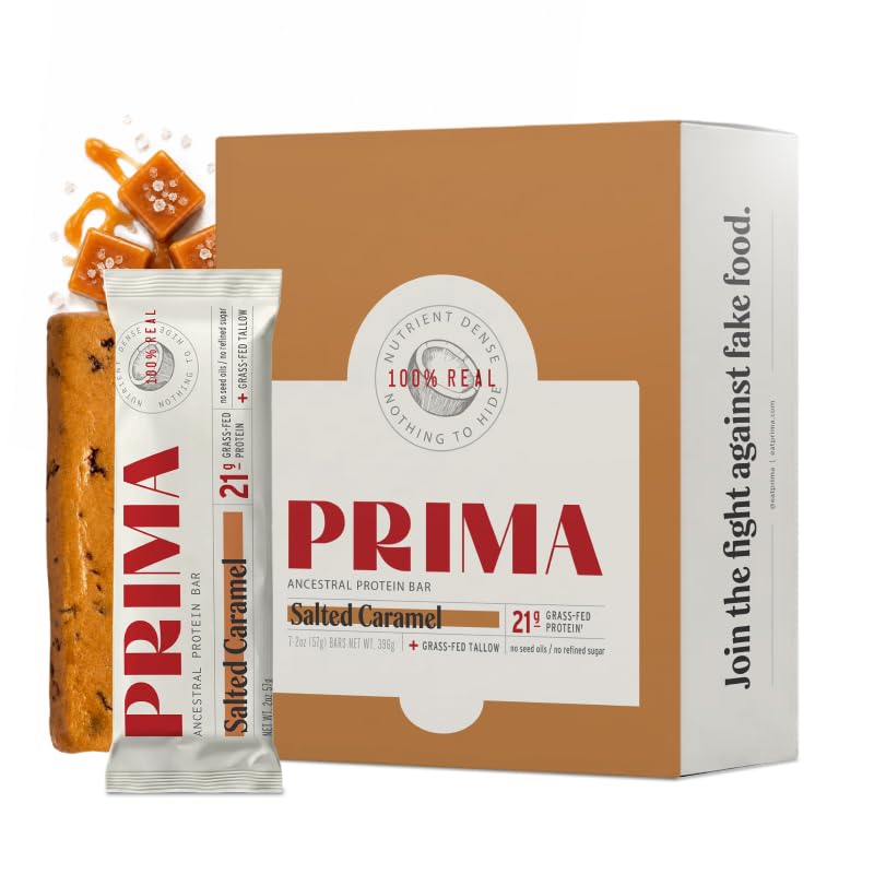 Prima Ancestral Protein Bar empaque frontal mostrando sabor caramelo salado y beneficios proteicos