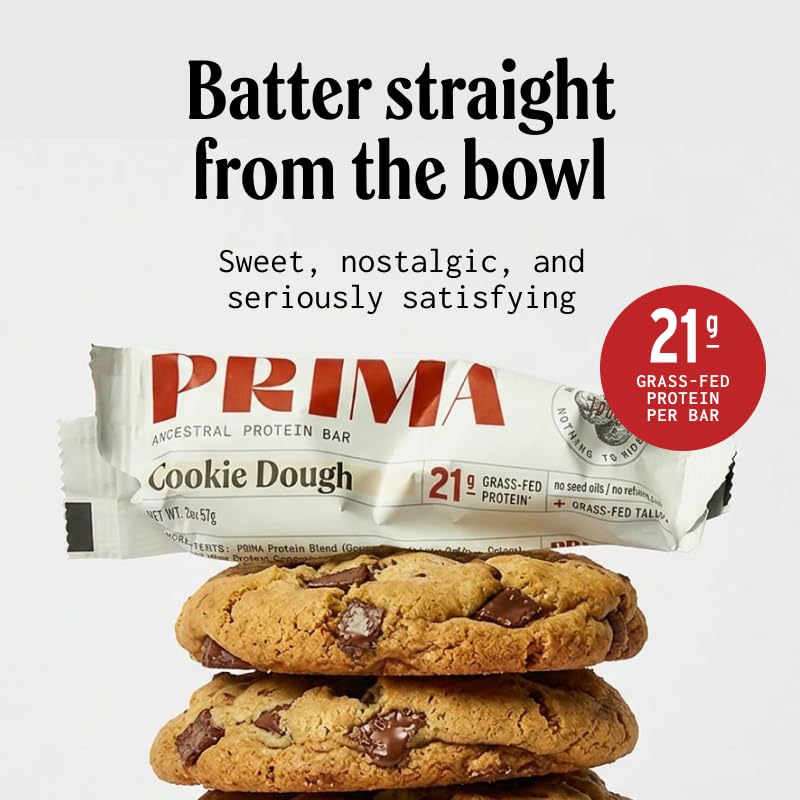 PRIMA ANCESTRAL PROTEIN BAR barra en mano para comparar tamaño y saciedad