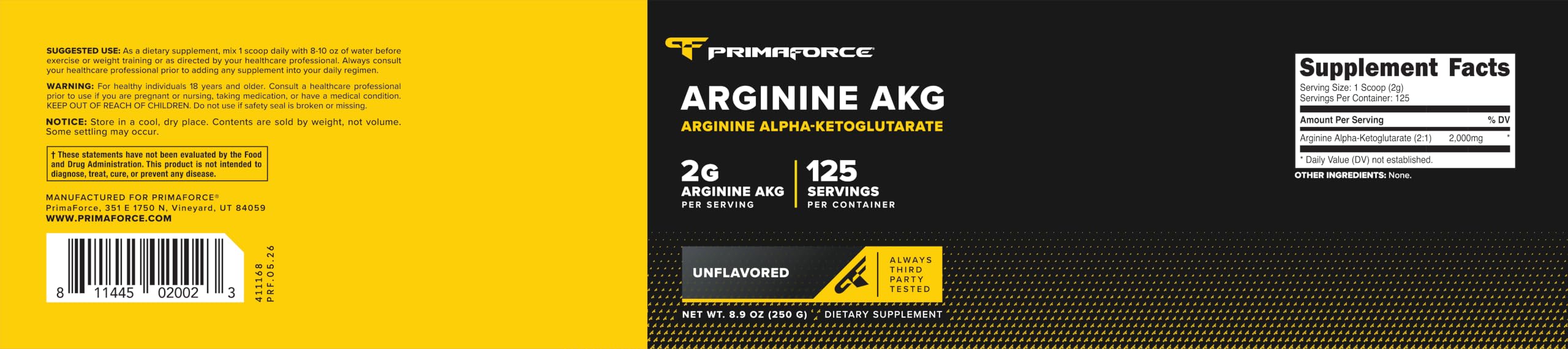 PrimaForce etiqueta con ingredientes y pruebas de laboratorio visibles