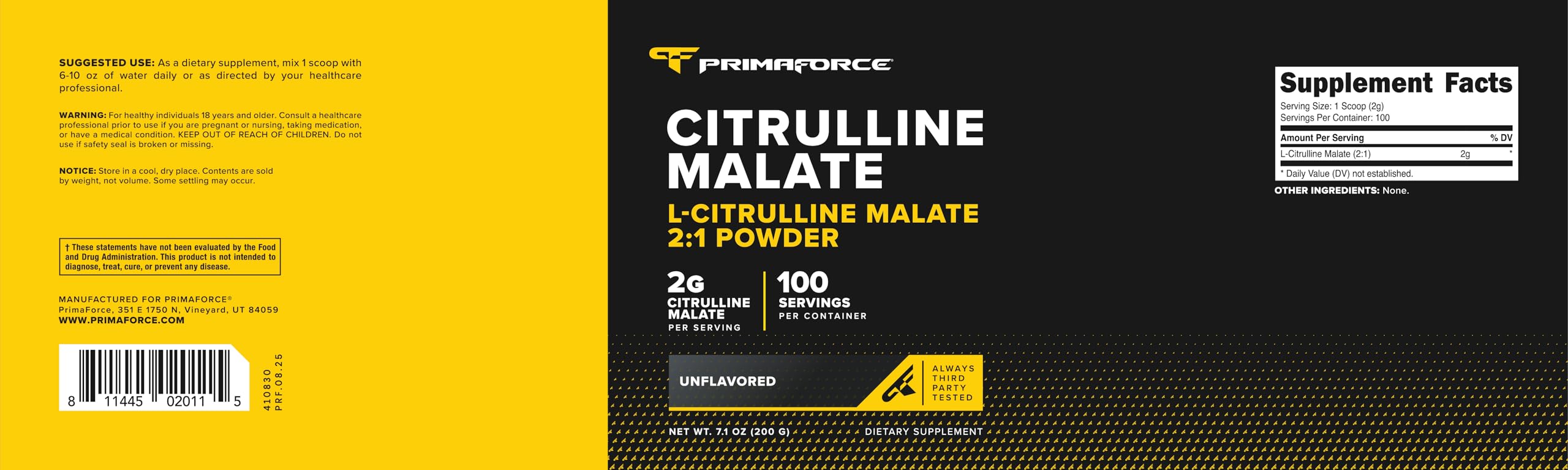 Etiqueta nutricional PrimaForce L-Citrulline Malate, transparencia y pruebas de laboratorio