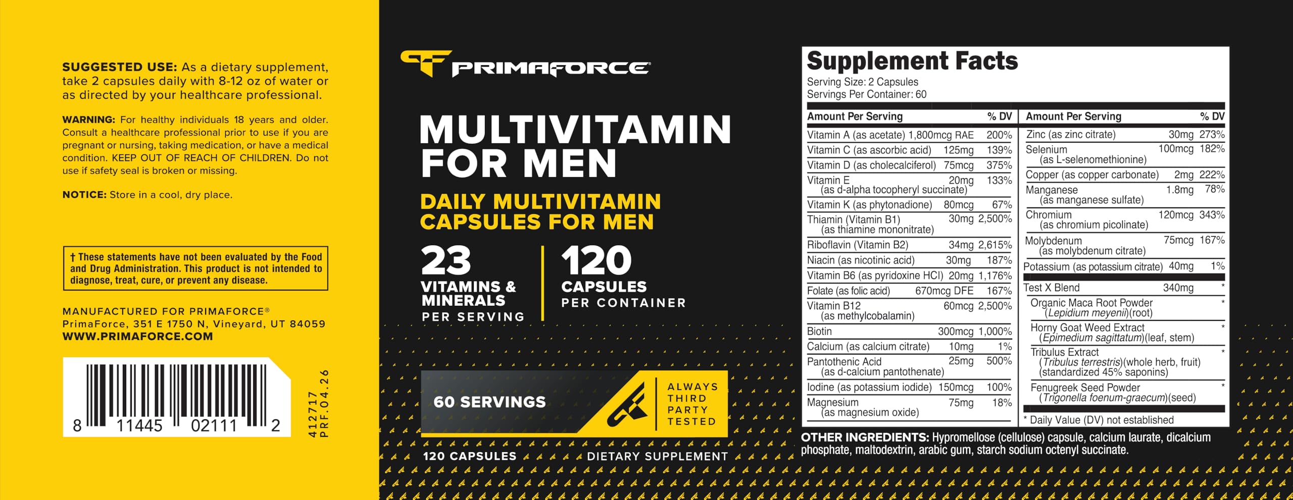 PrimaForce etiqueta nutricional legible que muestra ingredientes clave