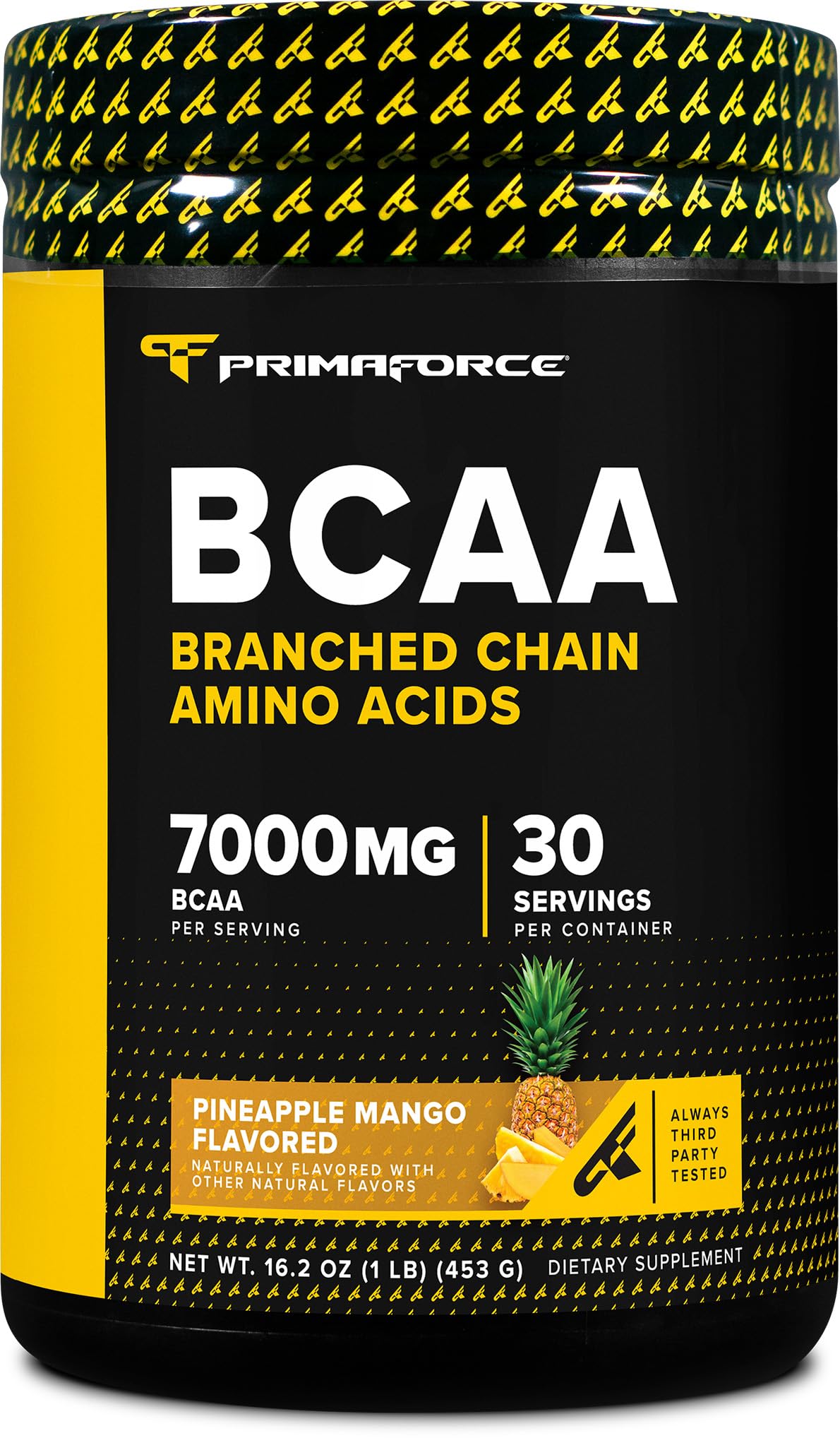 Primaforce BCAA frente del envase mostrando etiqueta y sabor piña-mango para identificación rápida