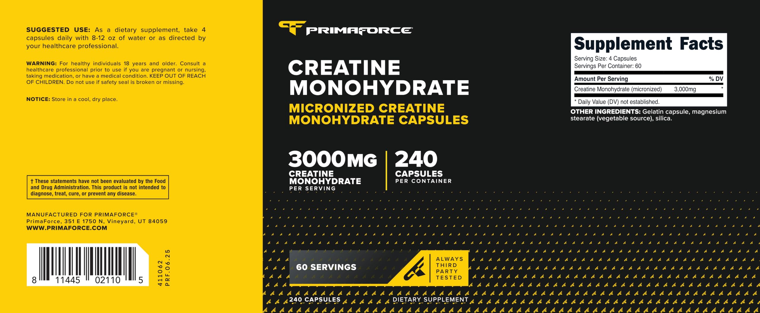 Etiqueta Primaforce con información de 3.000 mg por toma y certificaciones