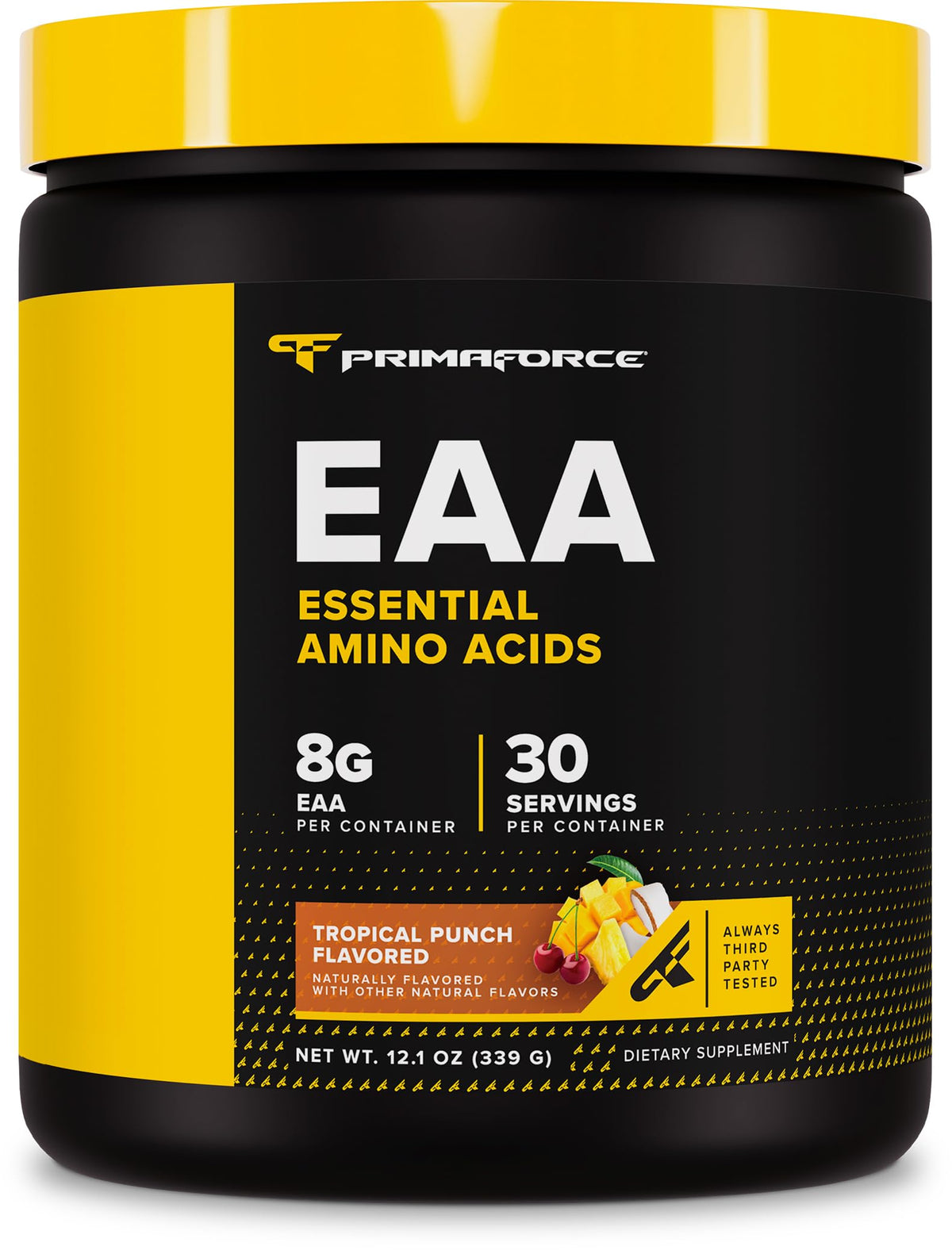 Primaforce envase frontal mostrando 30 porciones y sabor tropical