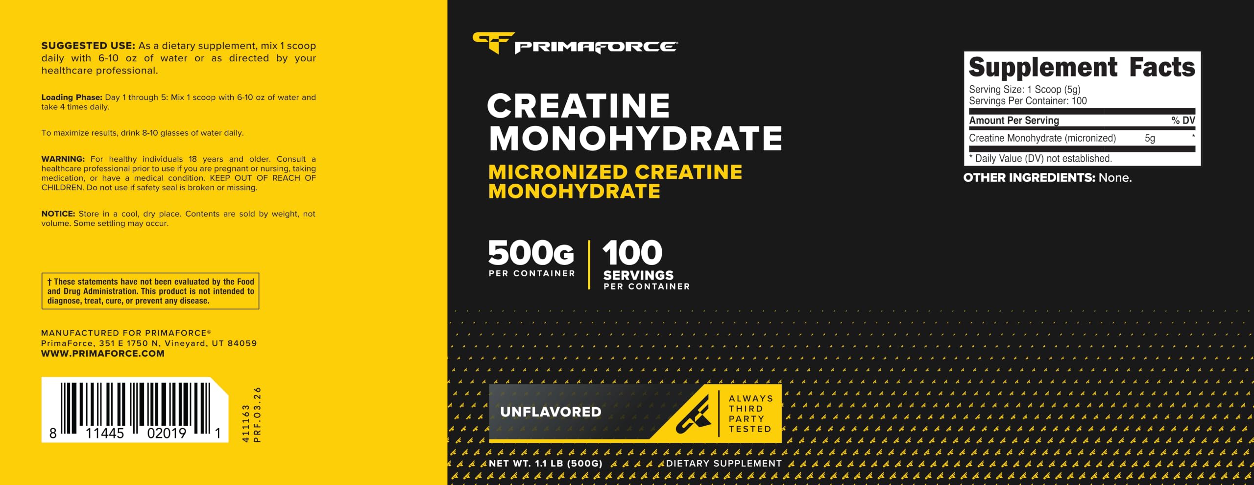 Primaforce etiqueta nutricional legible, transparencia y pruebas por terceros