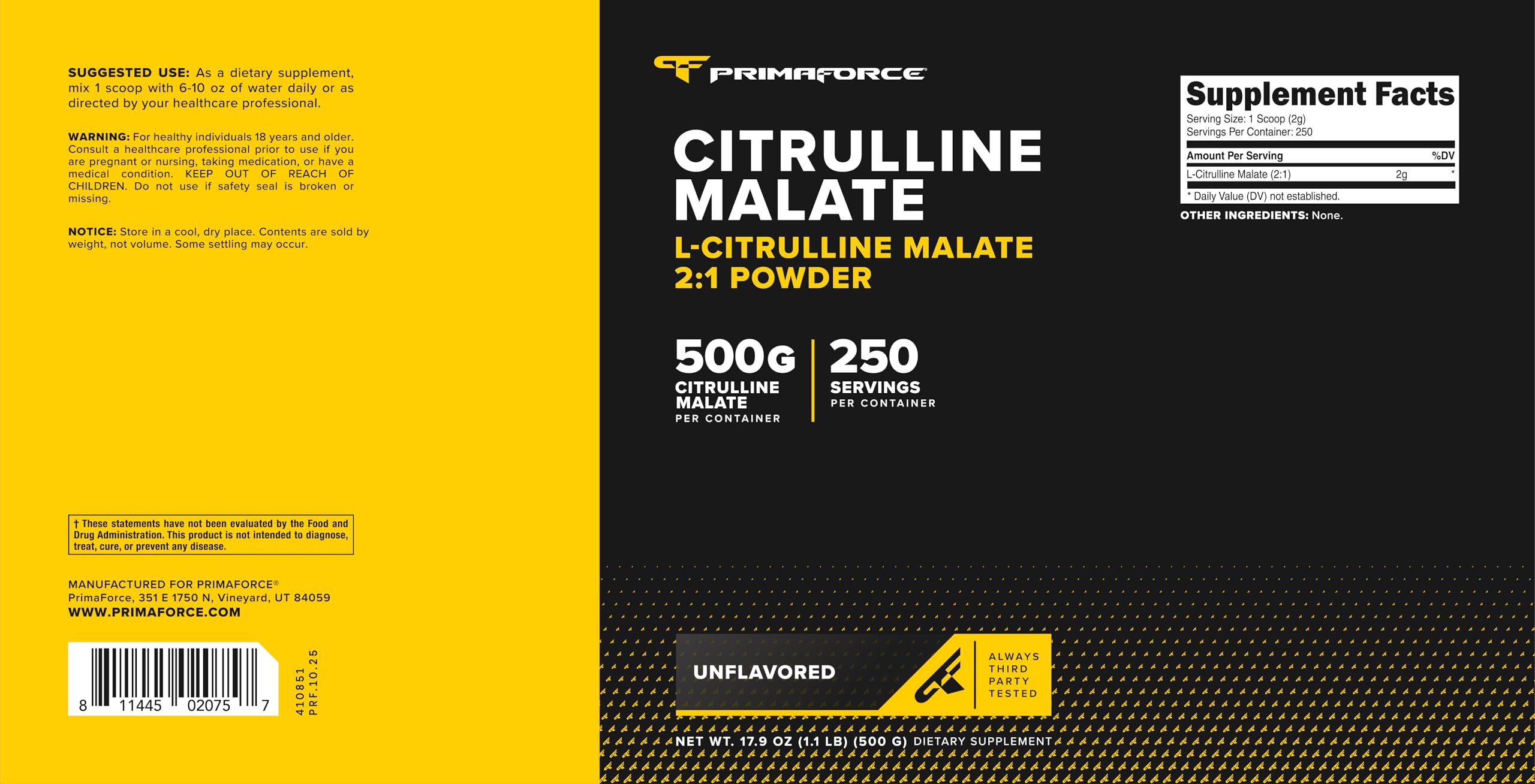 PrimaForce etiqueta con información y pruebas de pureza detalladas