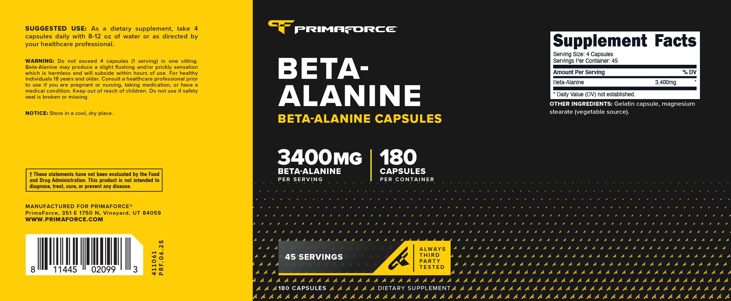 Primaforce etiqueta nutricional zoom mostrando dosis y certificaciones claras