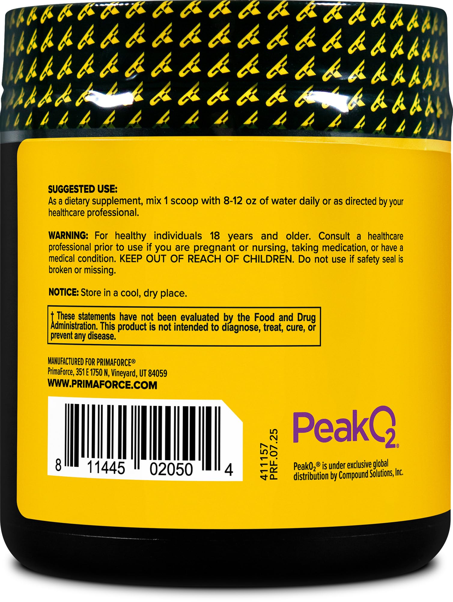 Primaforce Peak O2 detalle de etiqueta con certificaciones y pureza