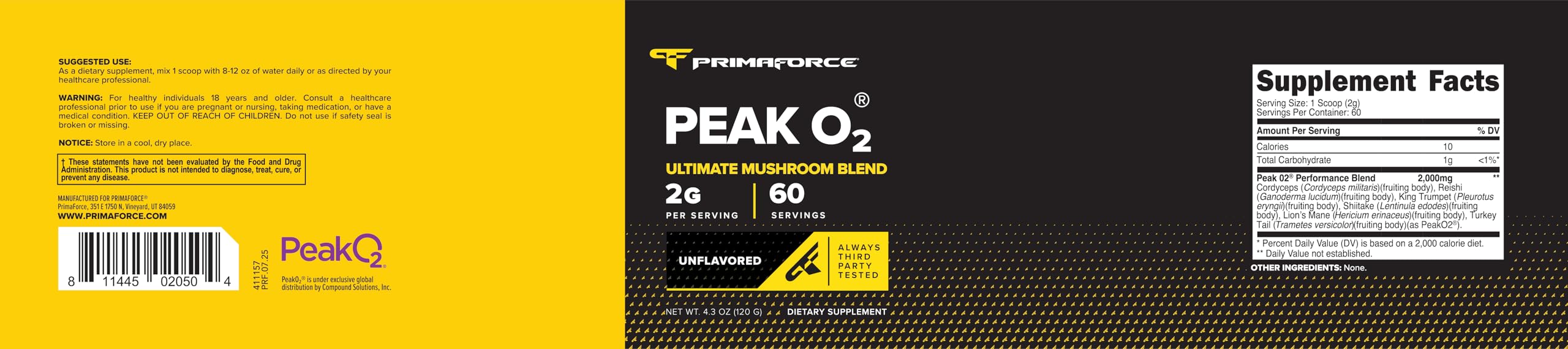 Primaforce Peak O2 comparación de porciones que muestra 60 servicios por envase