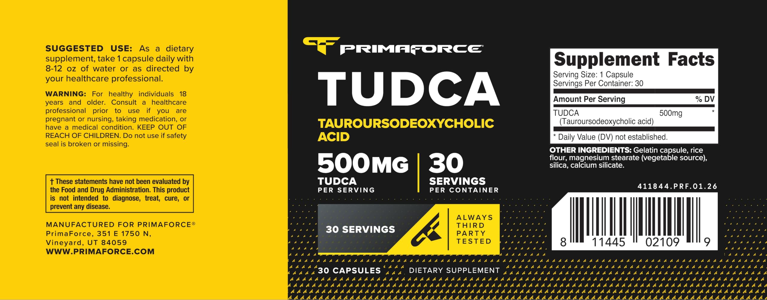 Primaforce TUDCA etiqueta con certificaciones NSF y datos de lote