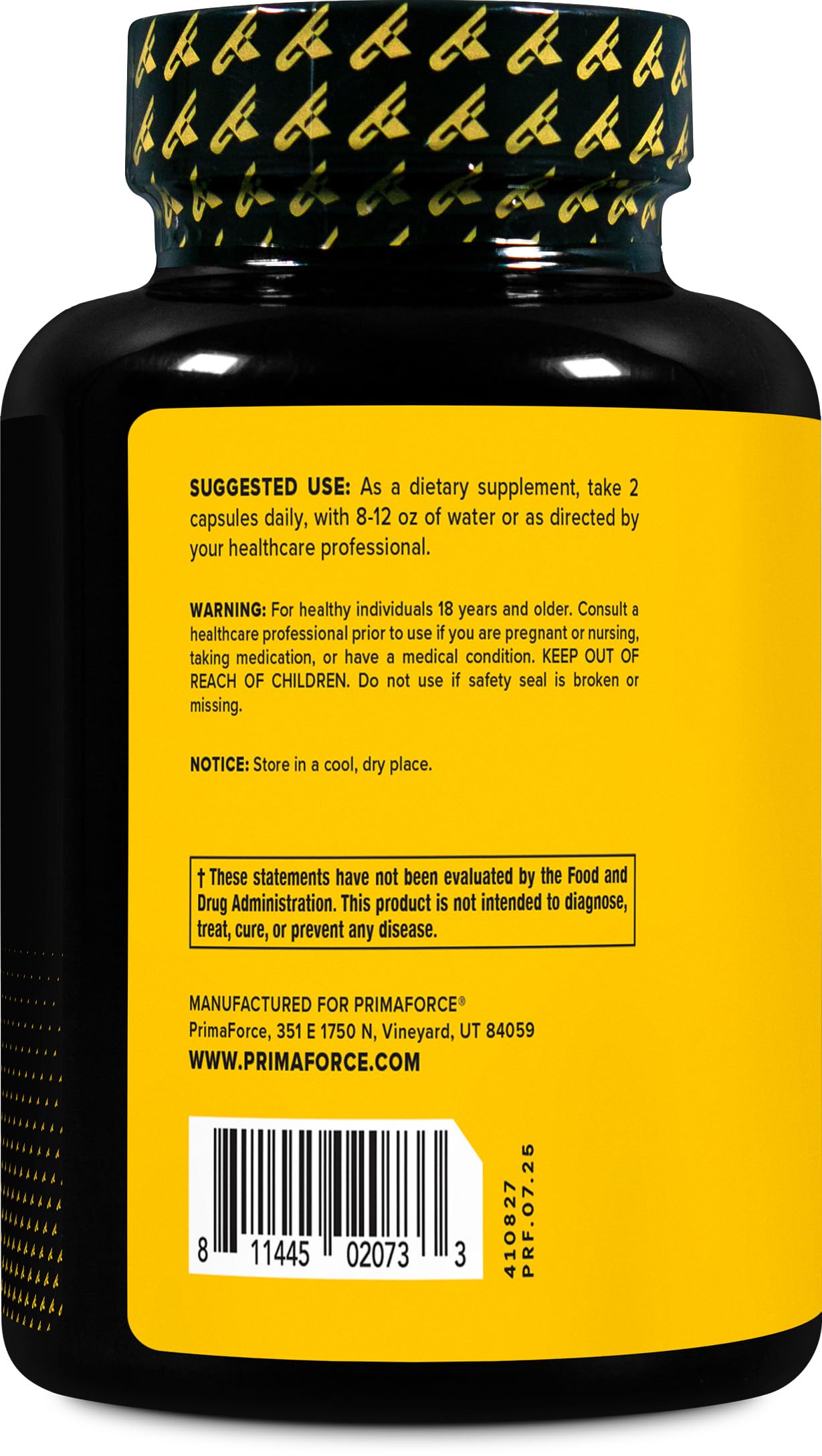 Primaforce etiqueta en primer plano indicando 2.5 mg por cápsula y sin gluten