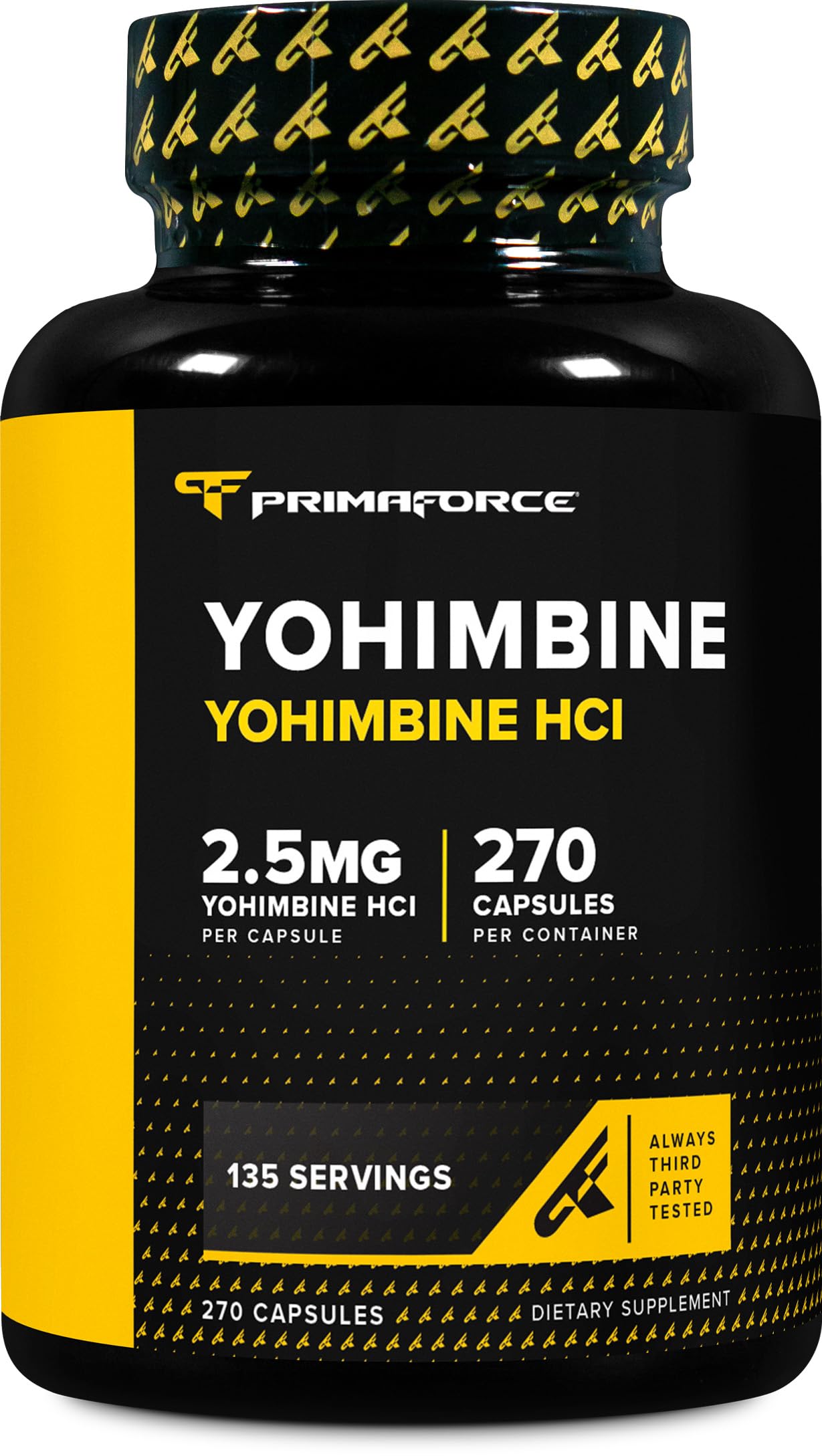 Primaforce frasco frontal mostrando yohimbine 270 cápsulas y claridad de contenido