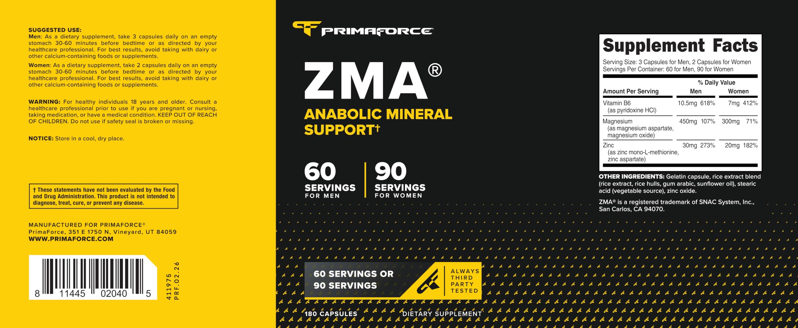 Etiqueta nutricional Primaforce ZMA mostrando ingredientes clave y certificaciones