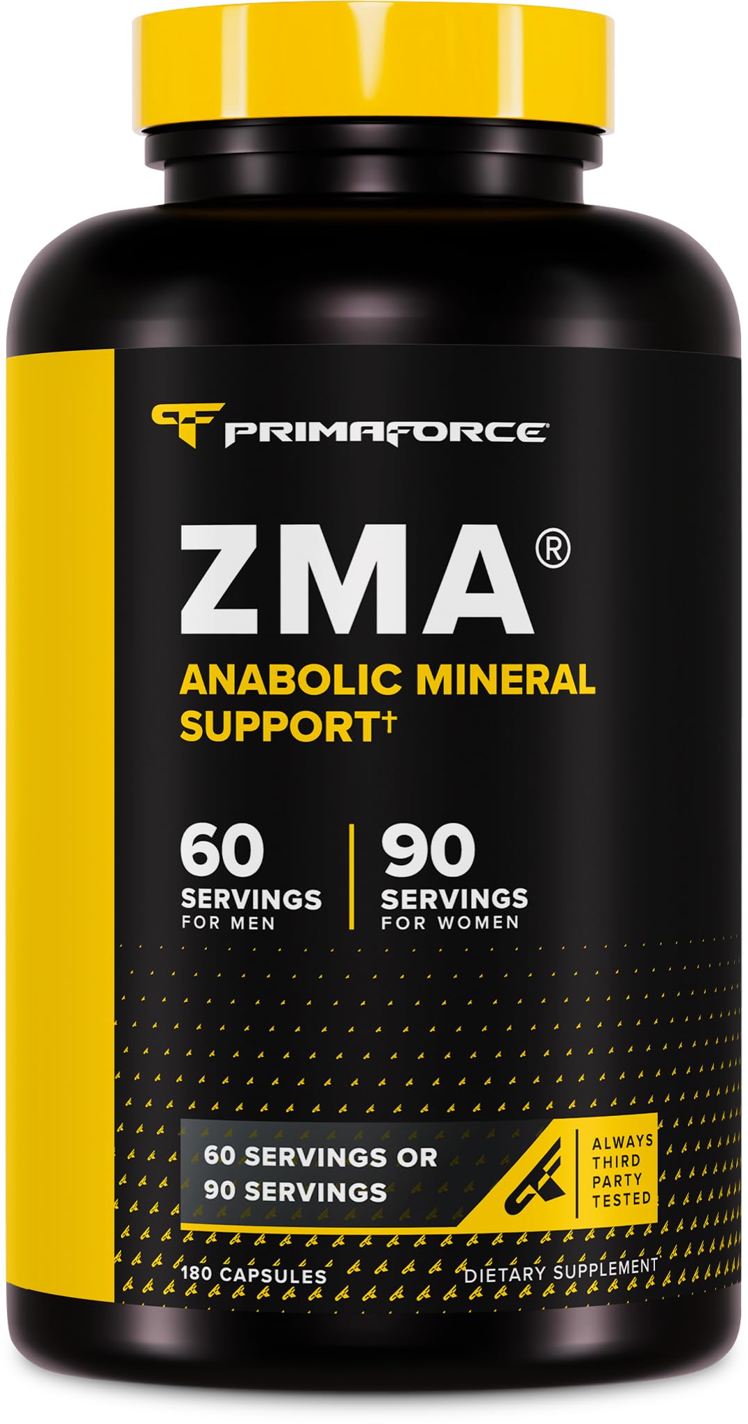 Primaforce ZMA frasco frontal mostrando 180 cápsulas y duración prolongada