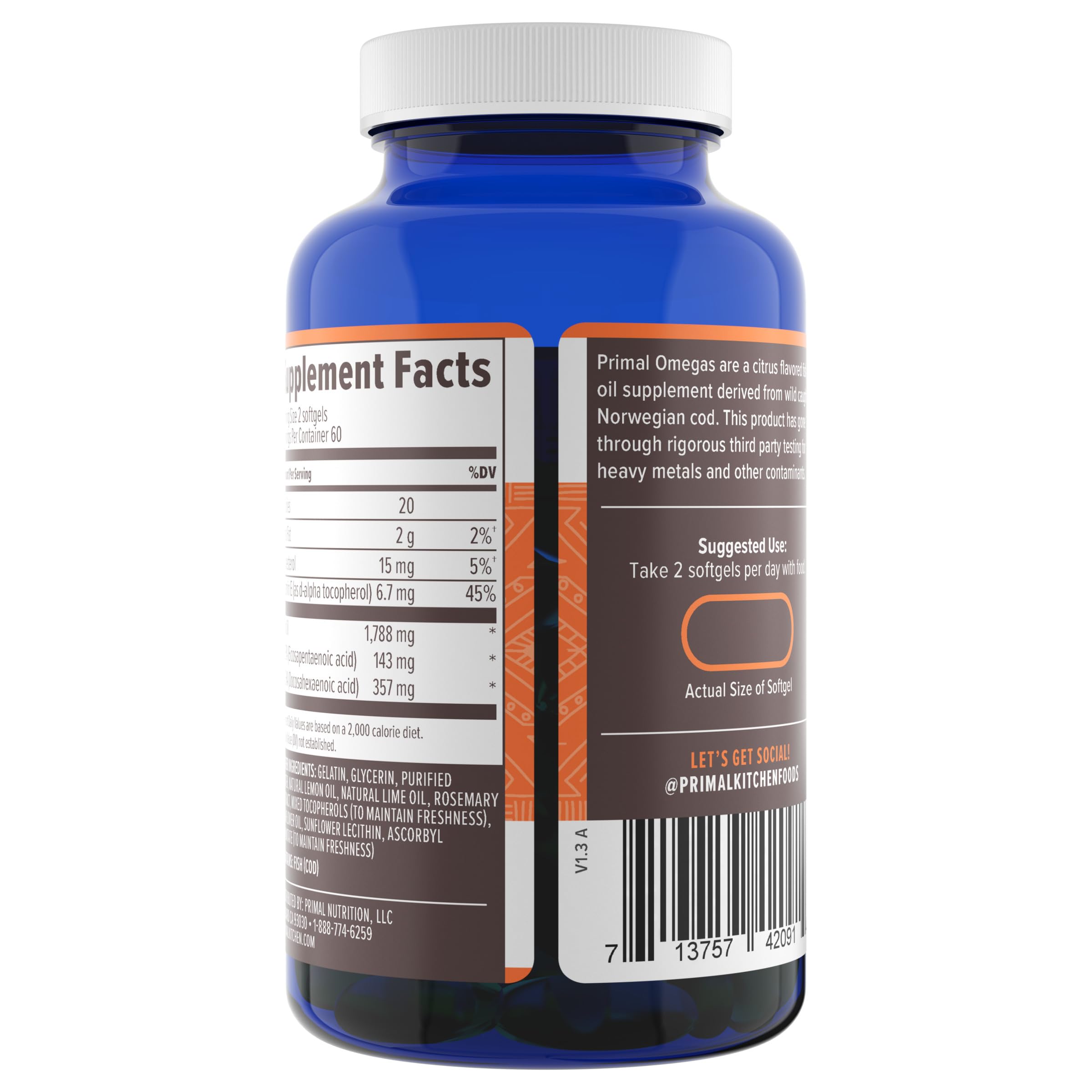 Primal Blueprint botella abierta con cápsulas visibles, conveniencia de uso diario