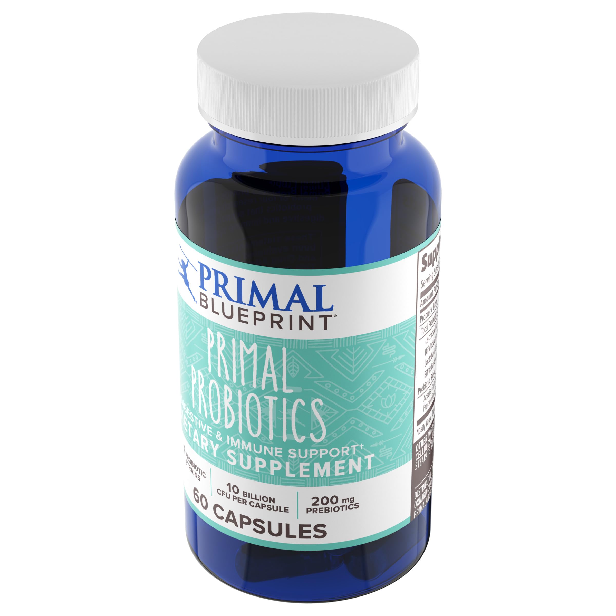 Primal Blueprint cápsula junto a fruta en cocina, sugiere combinación con dieta saludable
