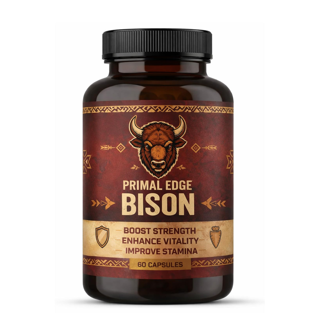 Primal Edge Bison frasco delantero mostrando etiqueta y diseño, claridad de marca