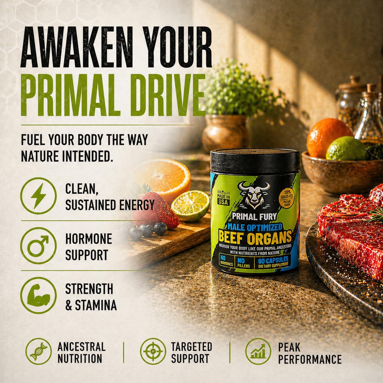 PRIMAL FURY etiqueta nutricional detalle destacando ingredientes y pruebas de terceros