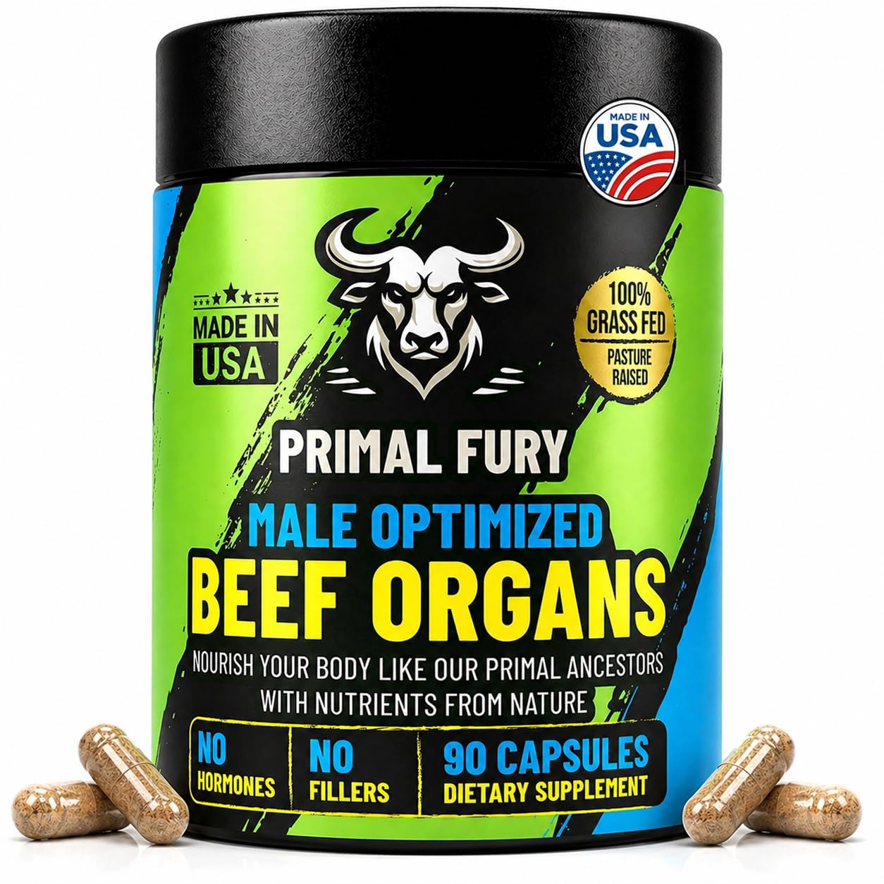 PRIMAL FURY frente del envase mostrando fórmula de seis órganos y beneficio de nutrición masculina