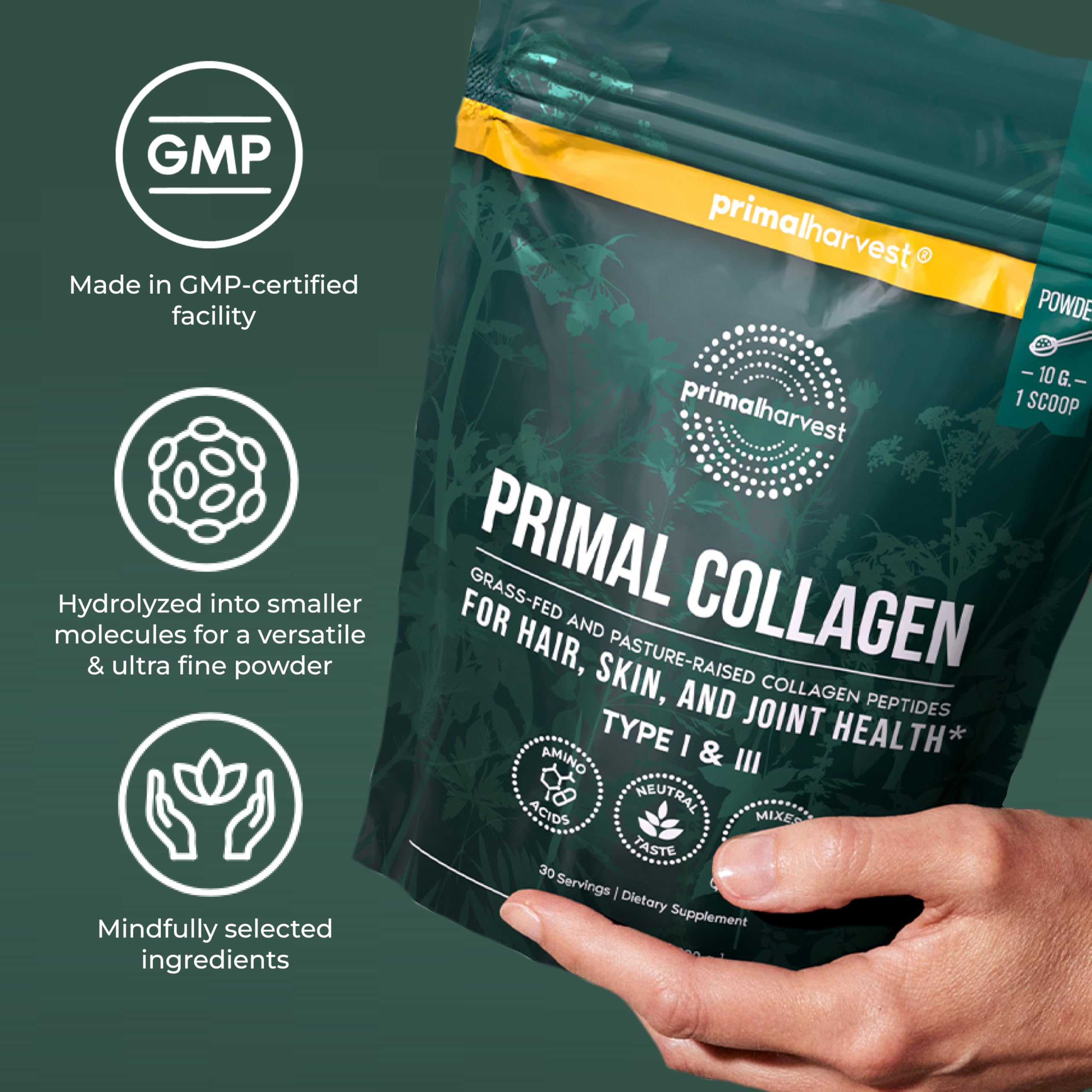 Bolsa de Primal Harvest junto a objetos para comparar las 30 porciones