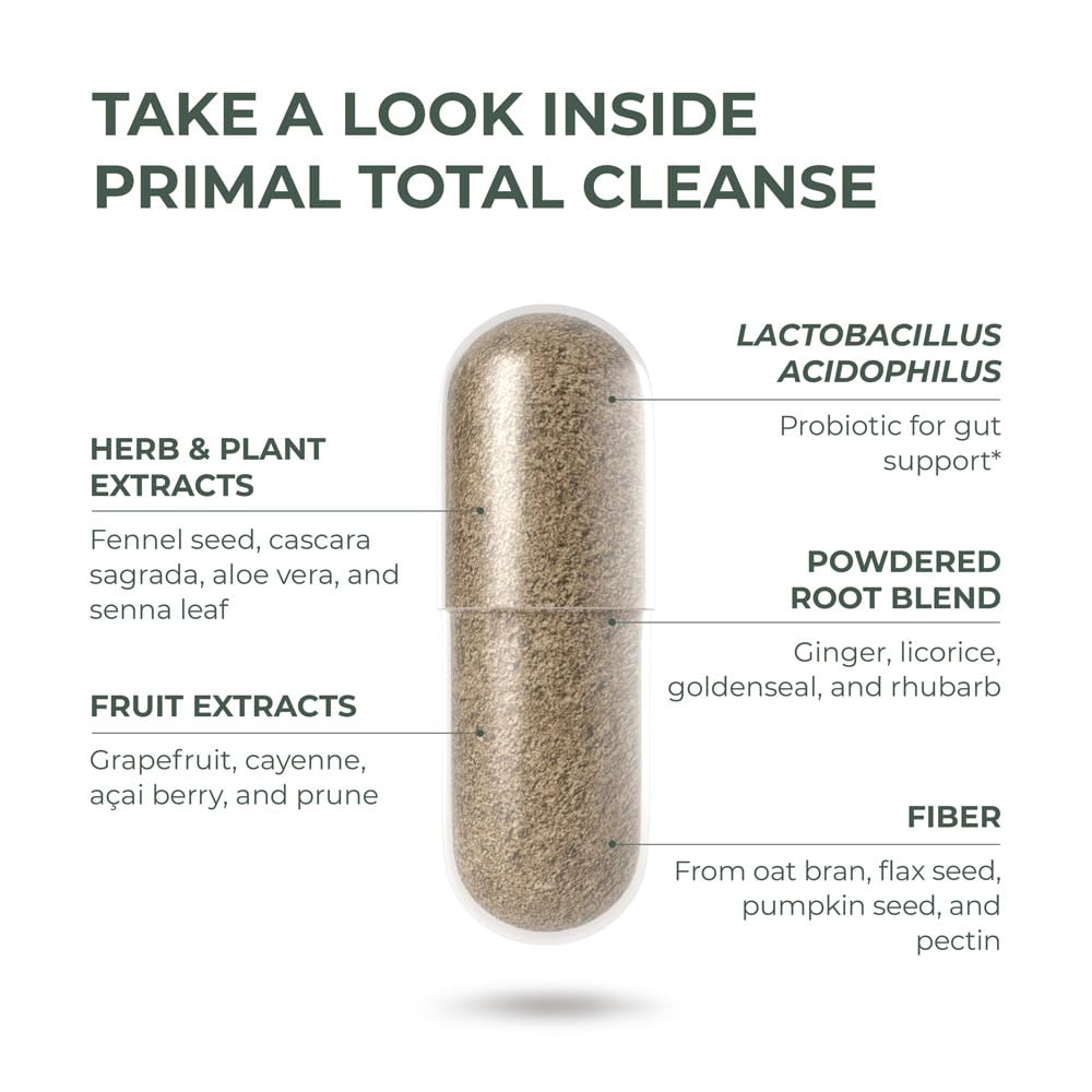 Primal Harvest Cleanse cápsulas siendo tomadas con un vaso de agua por una persona