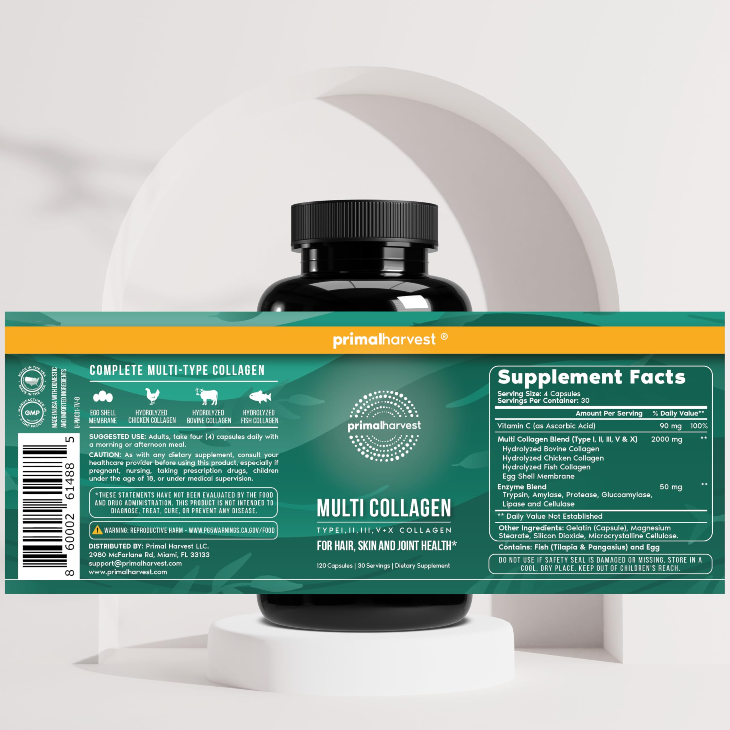 Primal Harvest etiqueta con ingredientes y certificación GMP visible