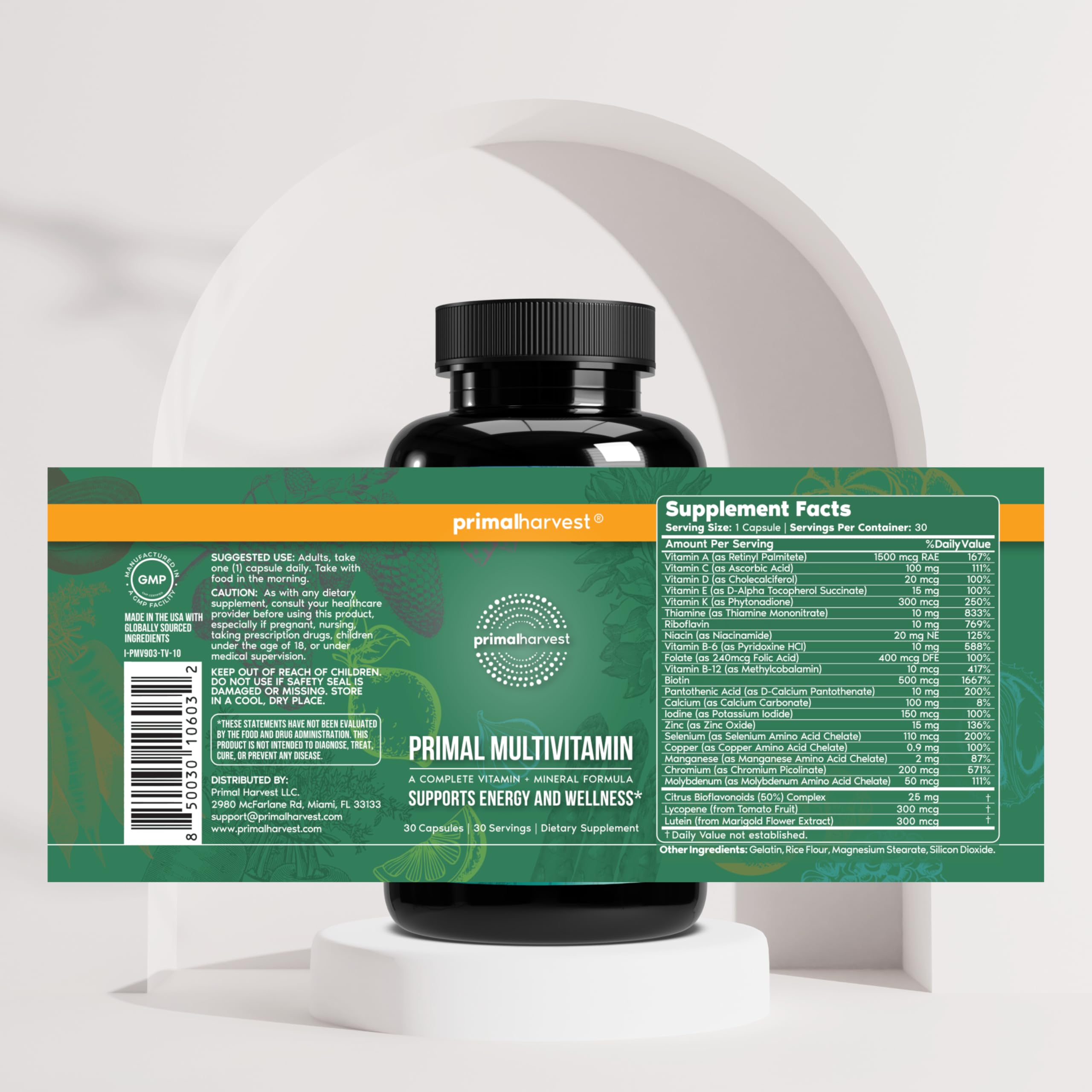 Primal Harvest etiqueta con lista de vitaminas y minerales, claridad informativa