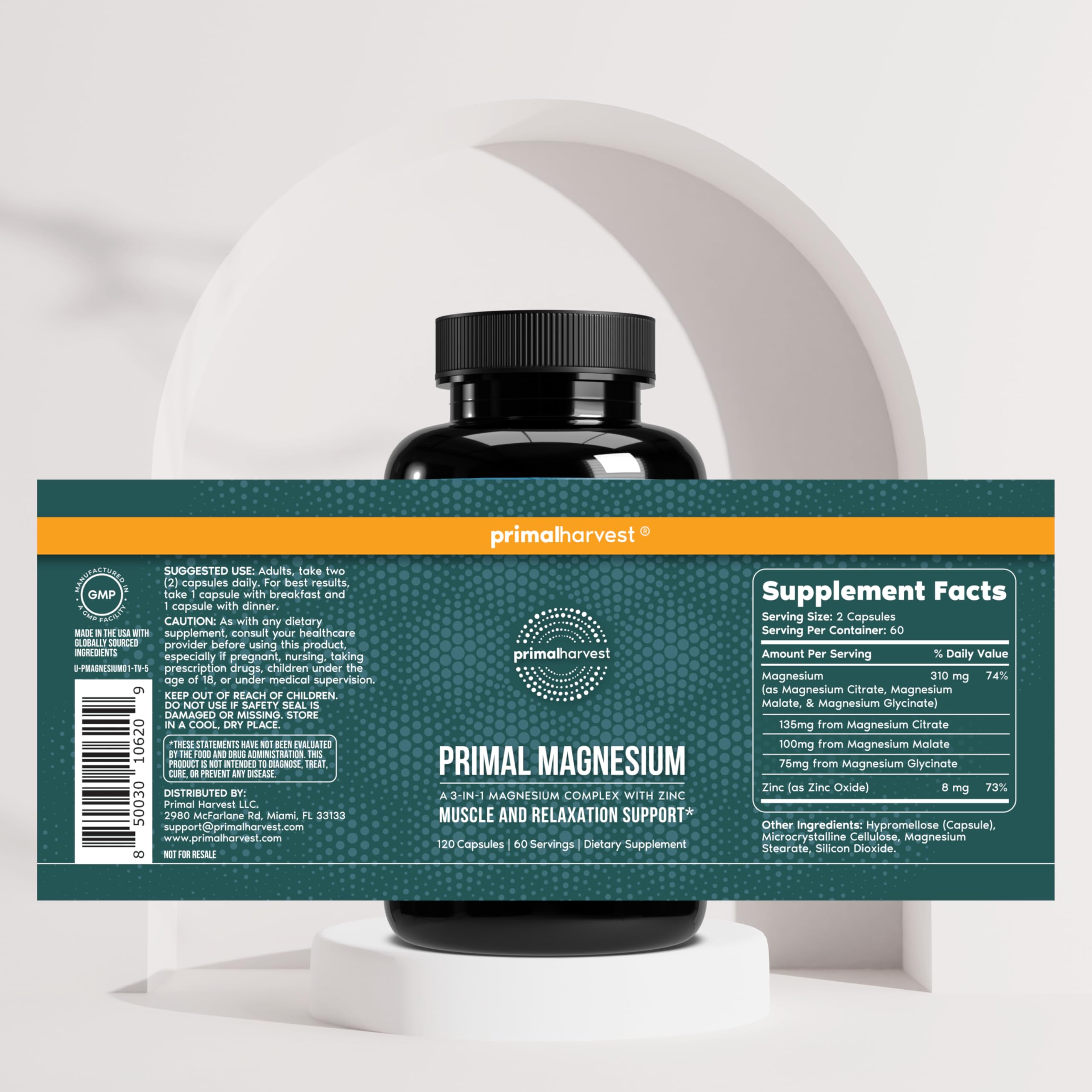 Primal Harvest etiqueta nutricional con formas de magnesio claras