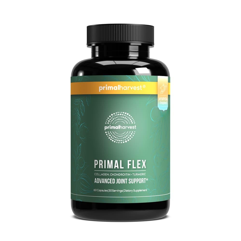 Primal Harvest Flex vista frontal del frasco y diseño de etiqueta, claridad de contenido