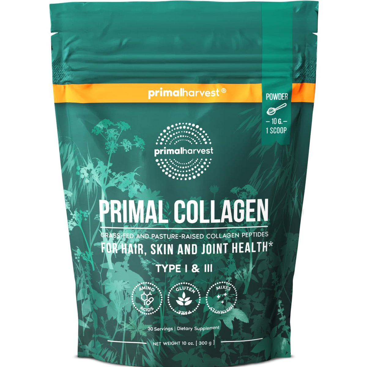 Primal Harvest frente del envase mostrando diseño y cantidad