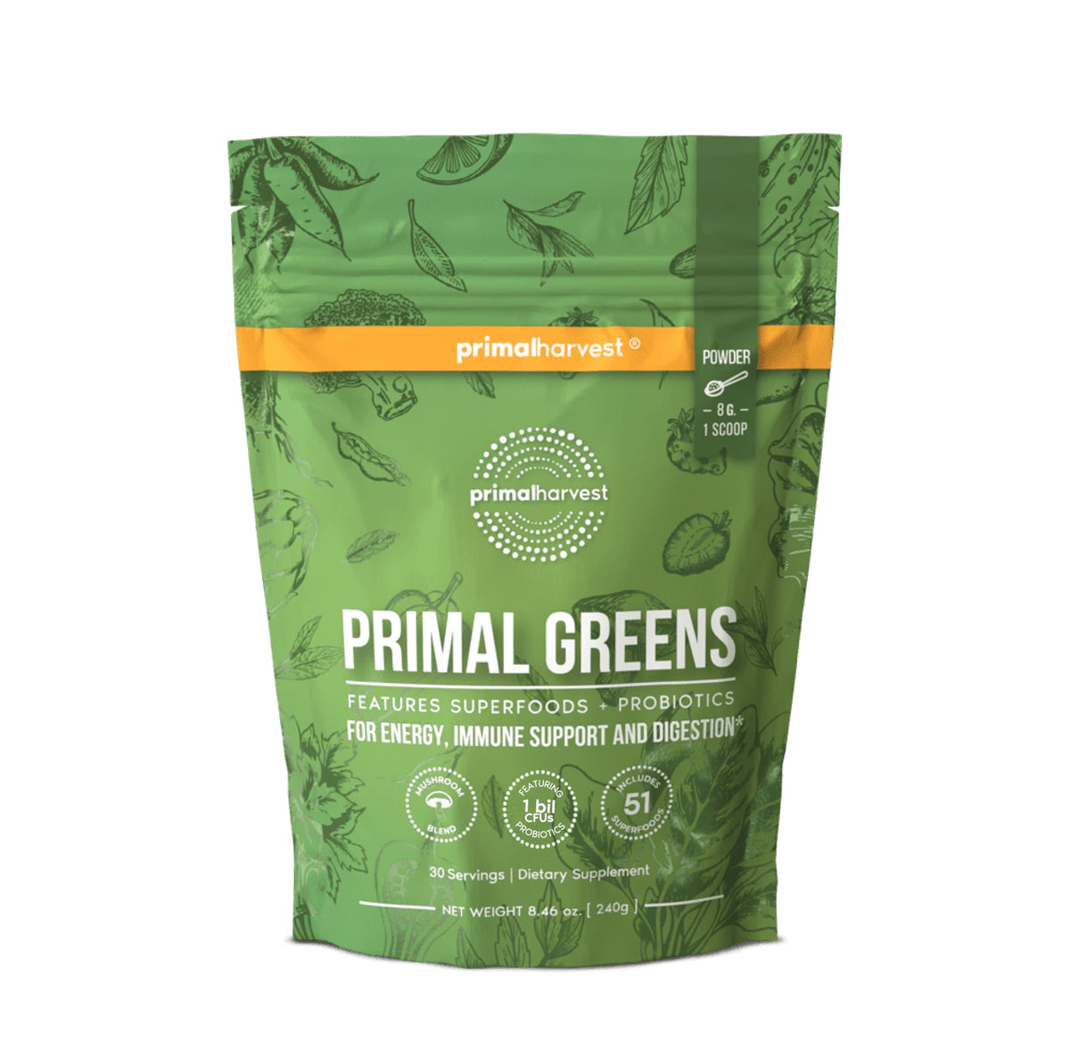 Primal Harvest frasco frente mostrando etiqueta y beneficios visibles